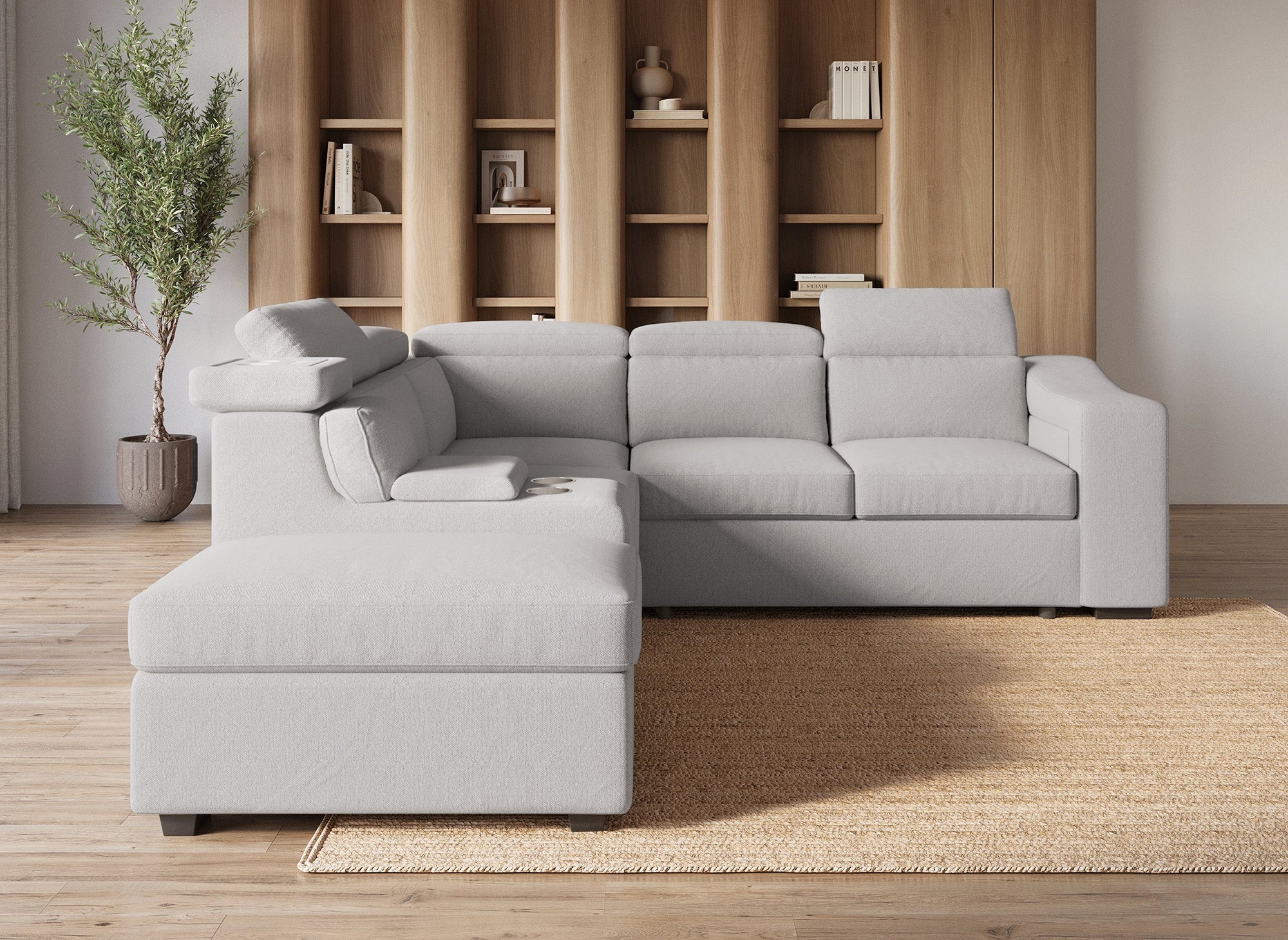 Sofá cama esquinero DEREK XL de tela beige - Esquina izquierda