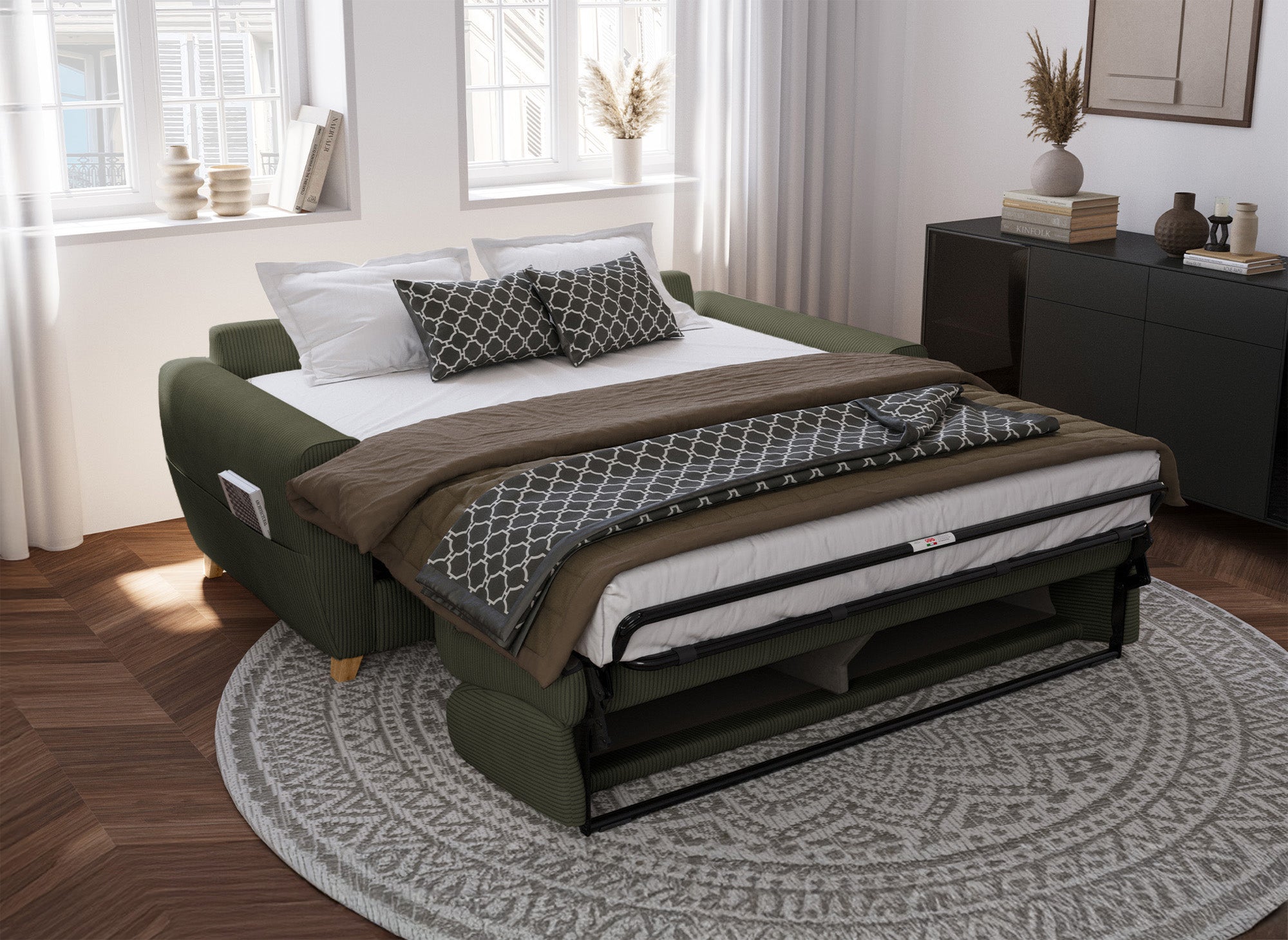 Sofá cama TOBIAS de 3 plazas en pana verde caqui con colchón de 18 cm