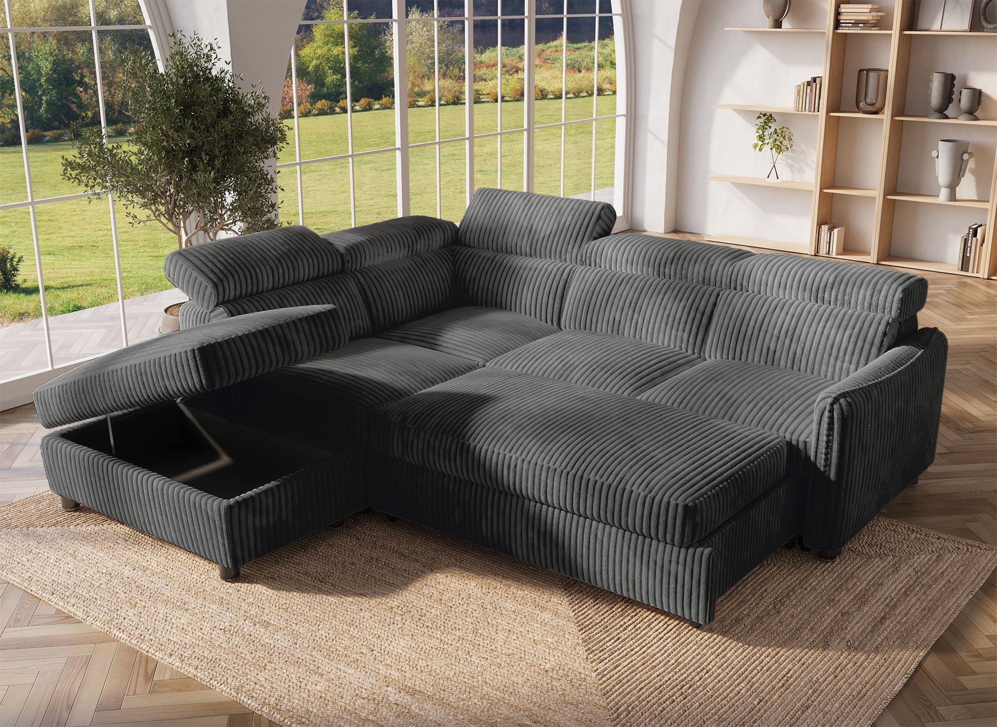 Sofá cama esquinero NAIROBI en pana gris gruesa - Esquina izquierda