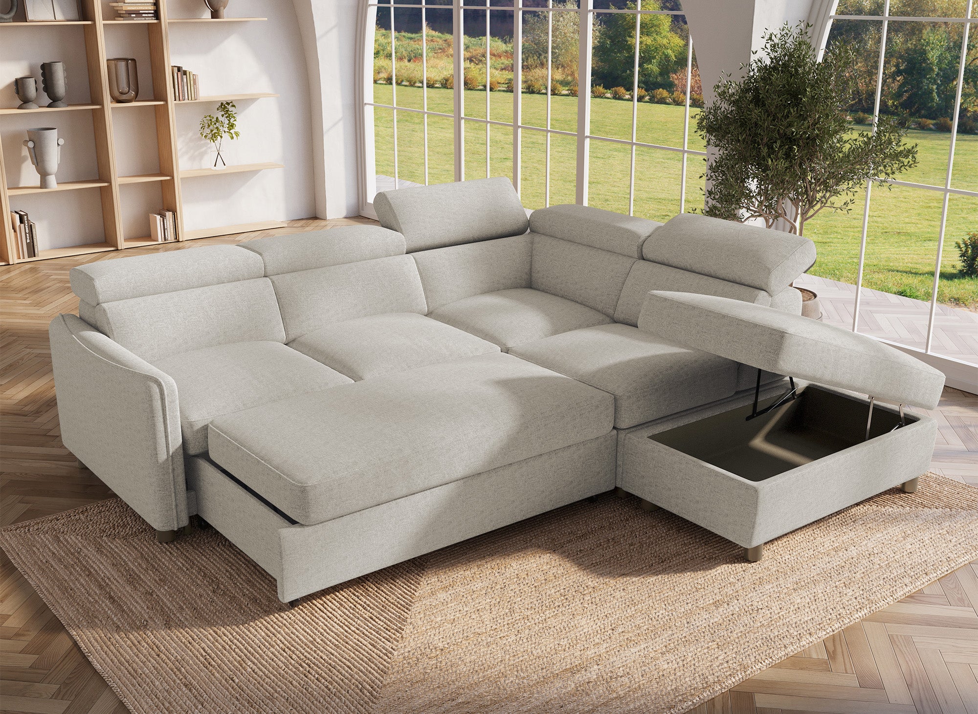 Sofá cama esquinero NAIROBI de tela beige - Esquina derecha