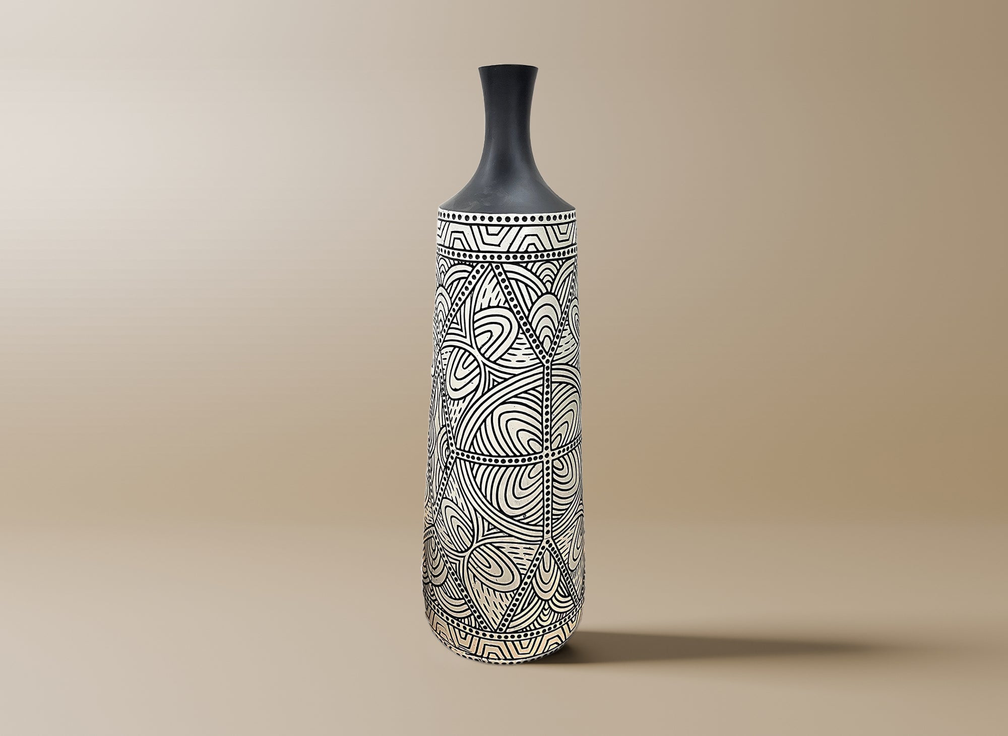 Jarrón étnico elegante LAORA en poliresina blanca y negra, 62 cm de alto