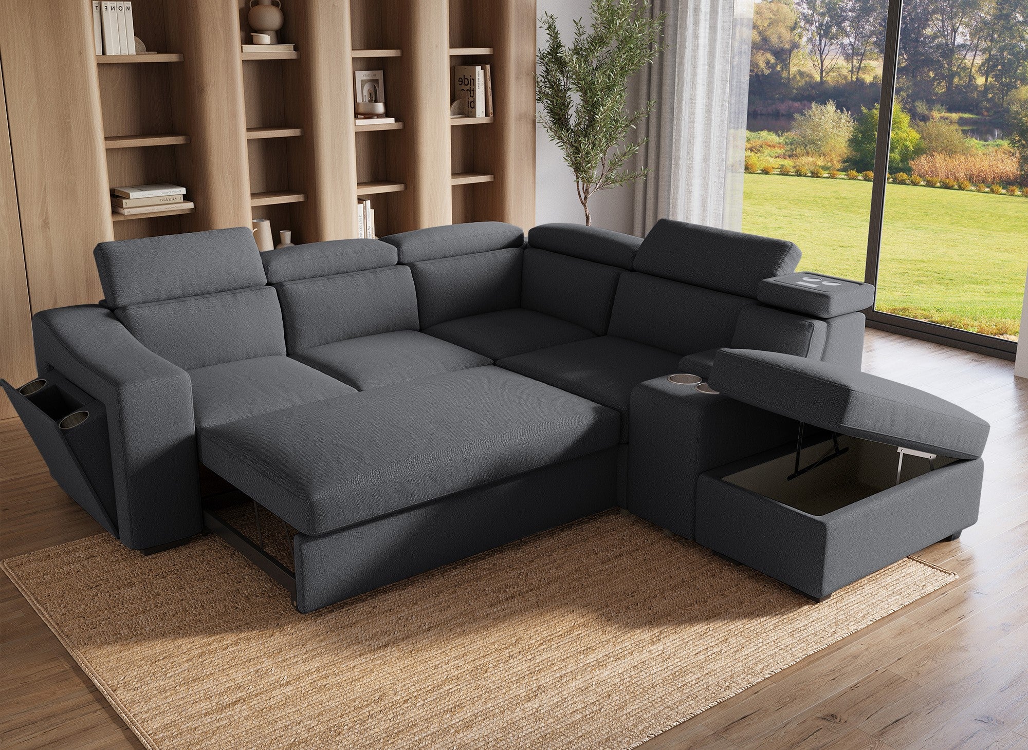 Sofá cama esquinero DEREK XL de tela gris oscuro - Esquina derecha