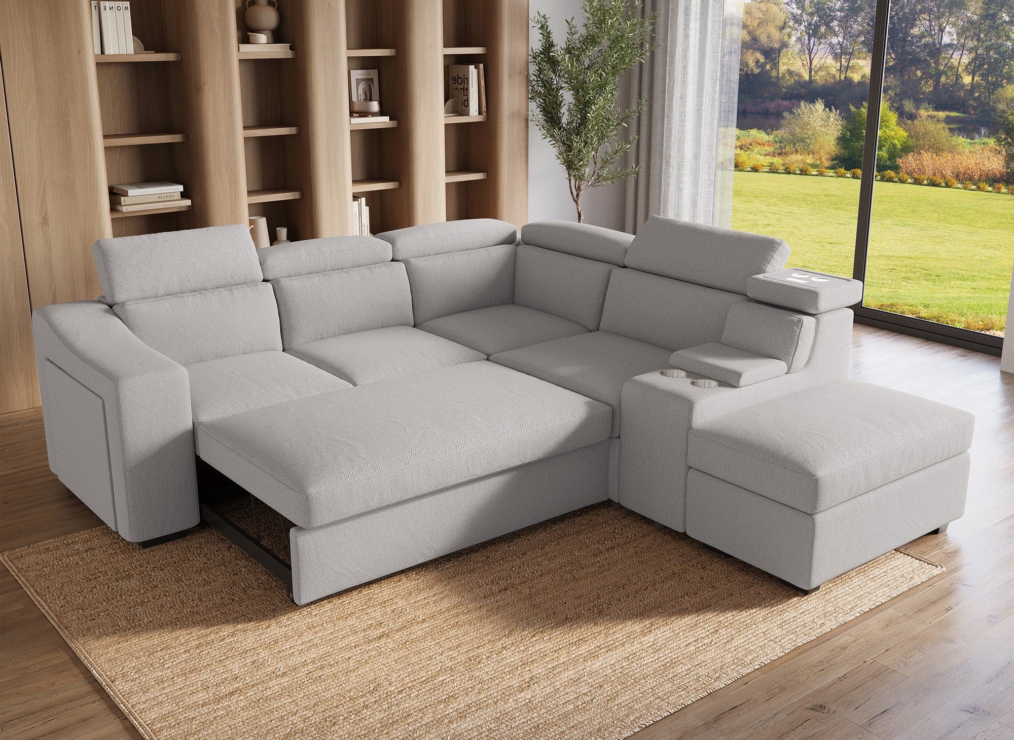 Sofá cama esquinero DEREK XL de tela beige - Esquina derecha