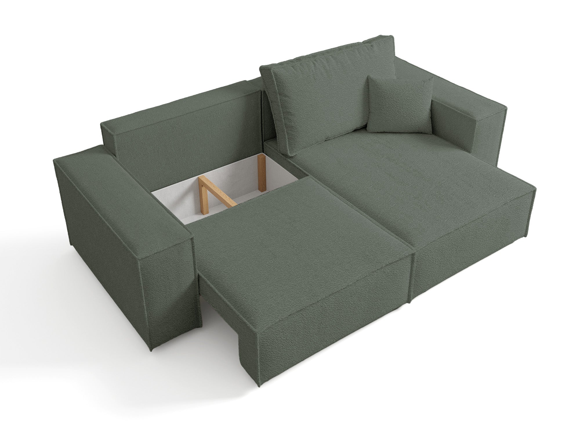 Sofá esquinero convertible y reversible con almacenaje en tejido bouclé verde caqui JADE MINI