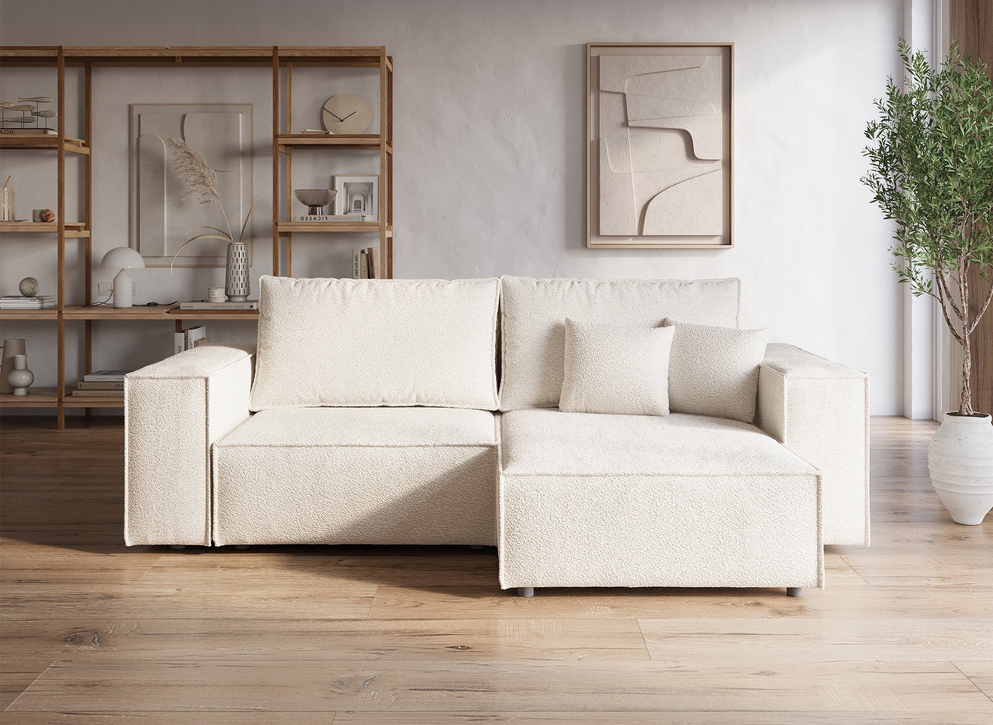 Sofá esquinero convertible y reversible con almacenaje en tejido bouclé beige JADE MINI