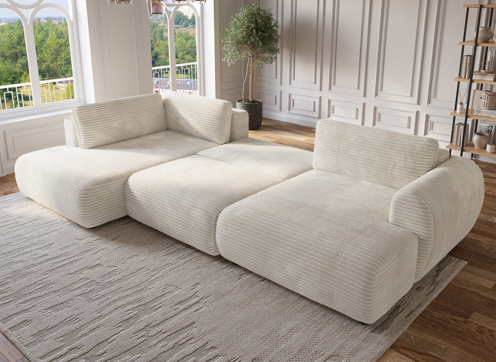 Sofá cama panorámico convertible TILDA con almacenaje en terciopelo de pana beige - Esquina izquierda