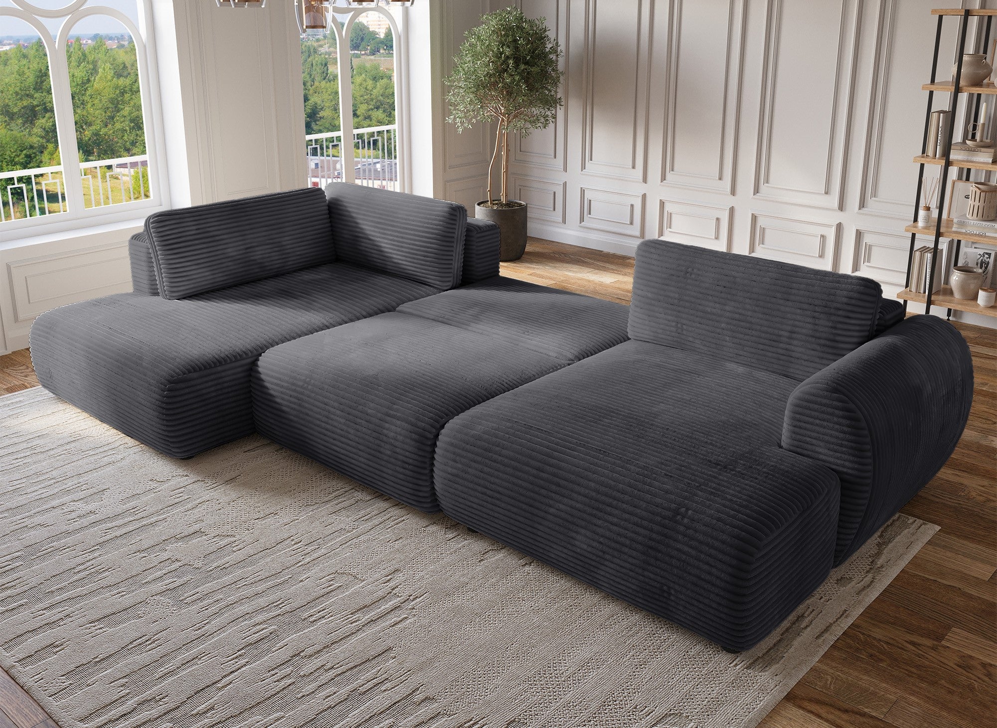 Sofá cama panorámico convertible TILDA con almacenaje en terciopelo gris pana - Esquina izquierda