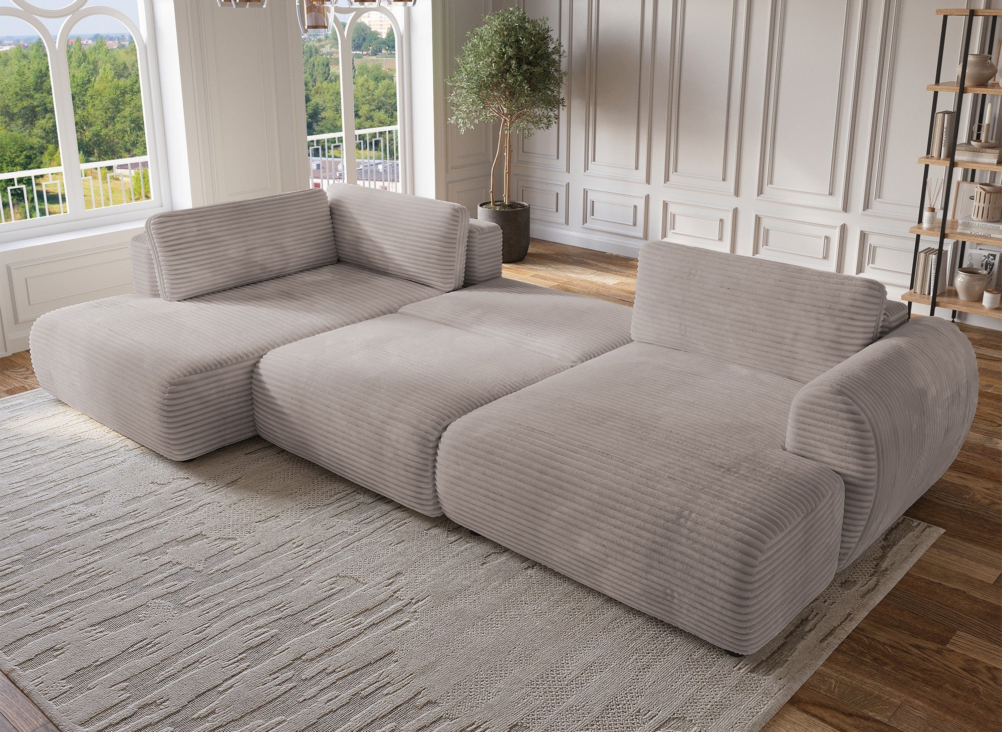 Sofá cama panorámico convertible TILDA con almacenaje en terciopelo de pana color topo - Esquina izquierda