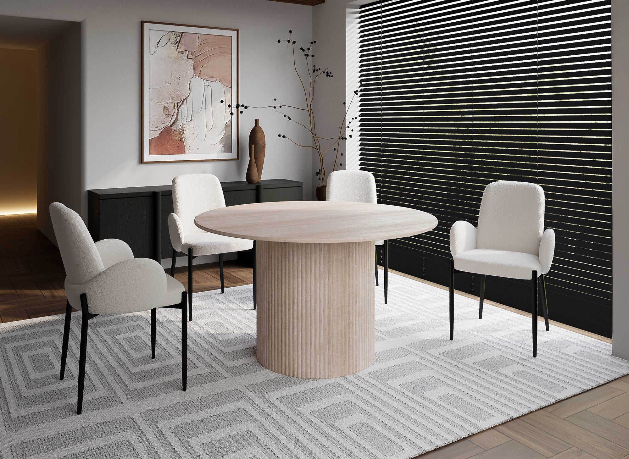 Mesa de comedor redonda DHARA en mármol compuesto beige para 4 personas