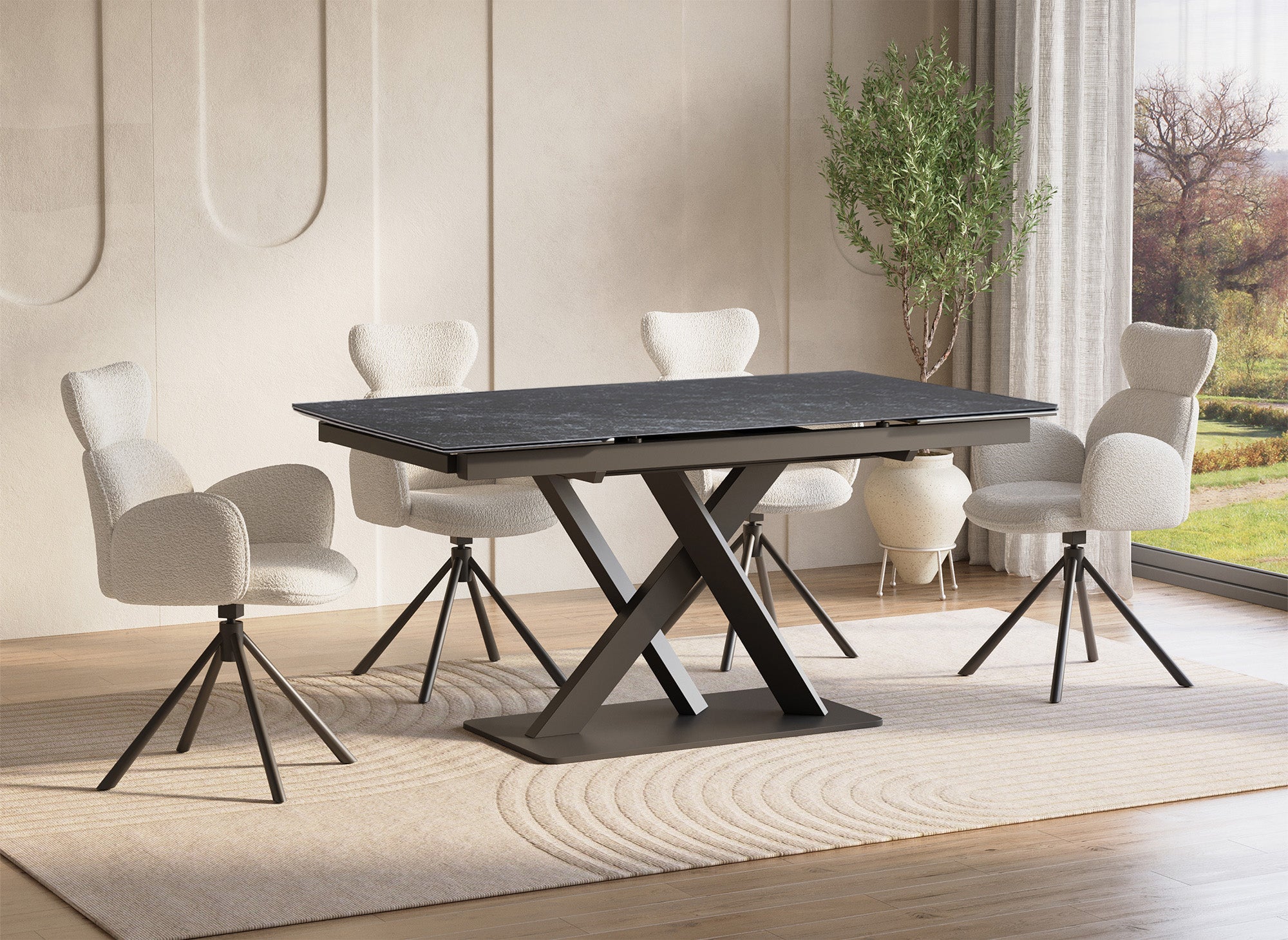 Mesa de comedor extensible ELEGANCE de cerámica negra para 6-10 personas