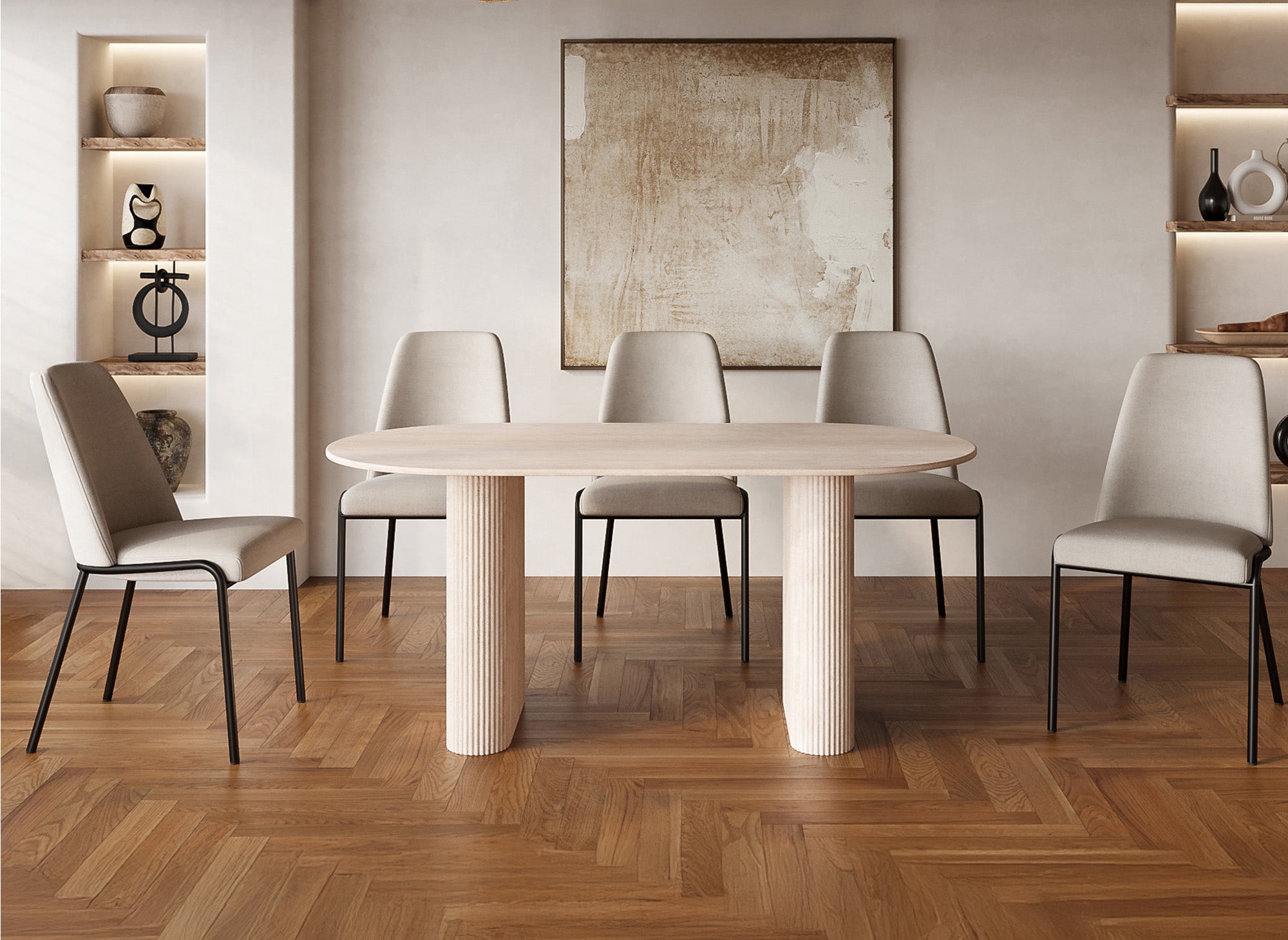 Mesa de comedor ovalada ELMA en mármol compuesto beige para 6 personas