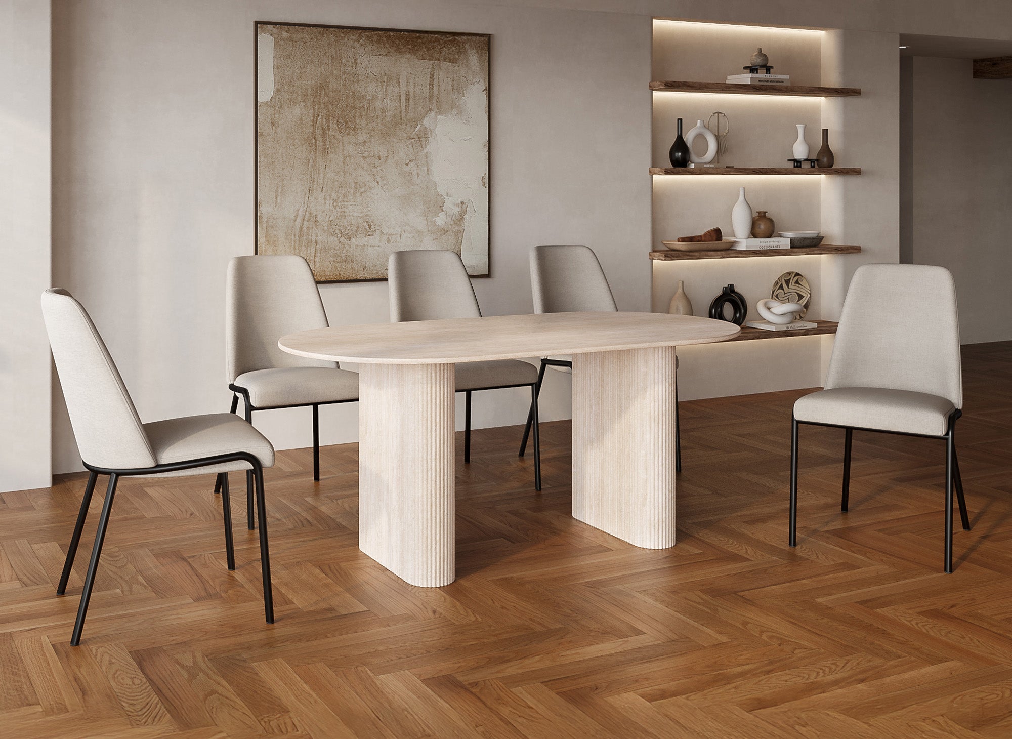 Mesa de comedor ovalada ELMA en mármol compuesto beige para 6 personas