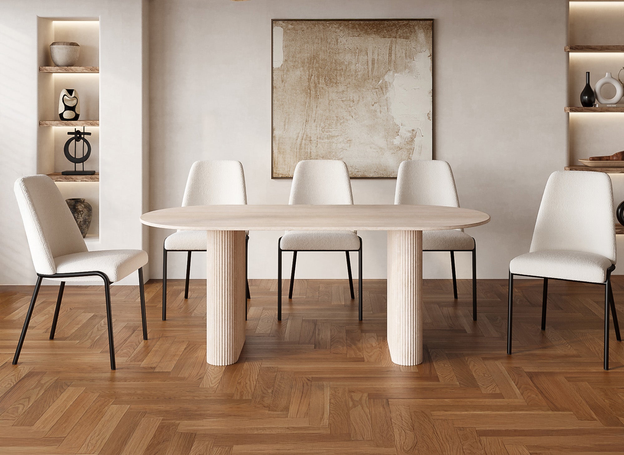 Mesa de comedor ovalada ELMA en mármol compuesto beige para 8 personas