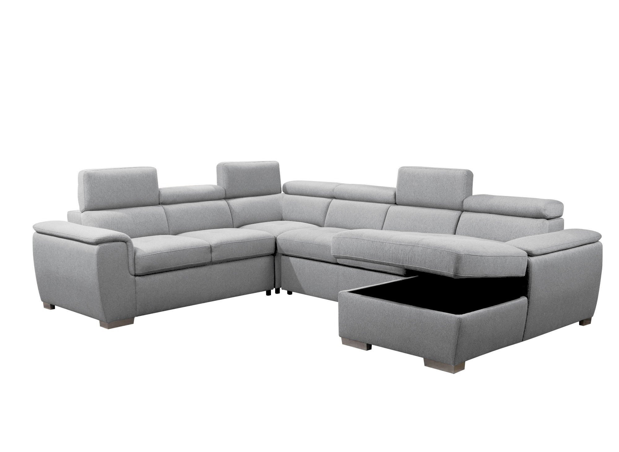 Sofá cama panorámico convertible GAELLE con compartimento de almacenamiento en tela gris - Esquina derecha