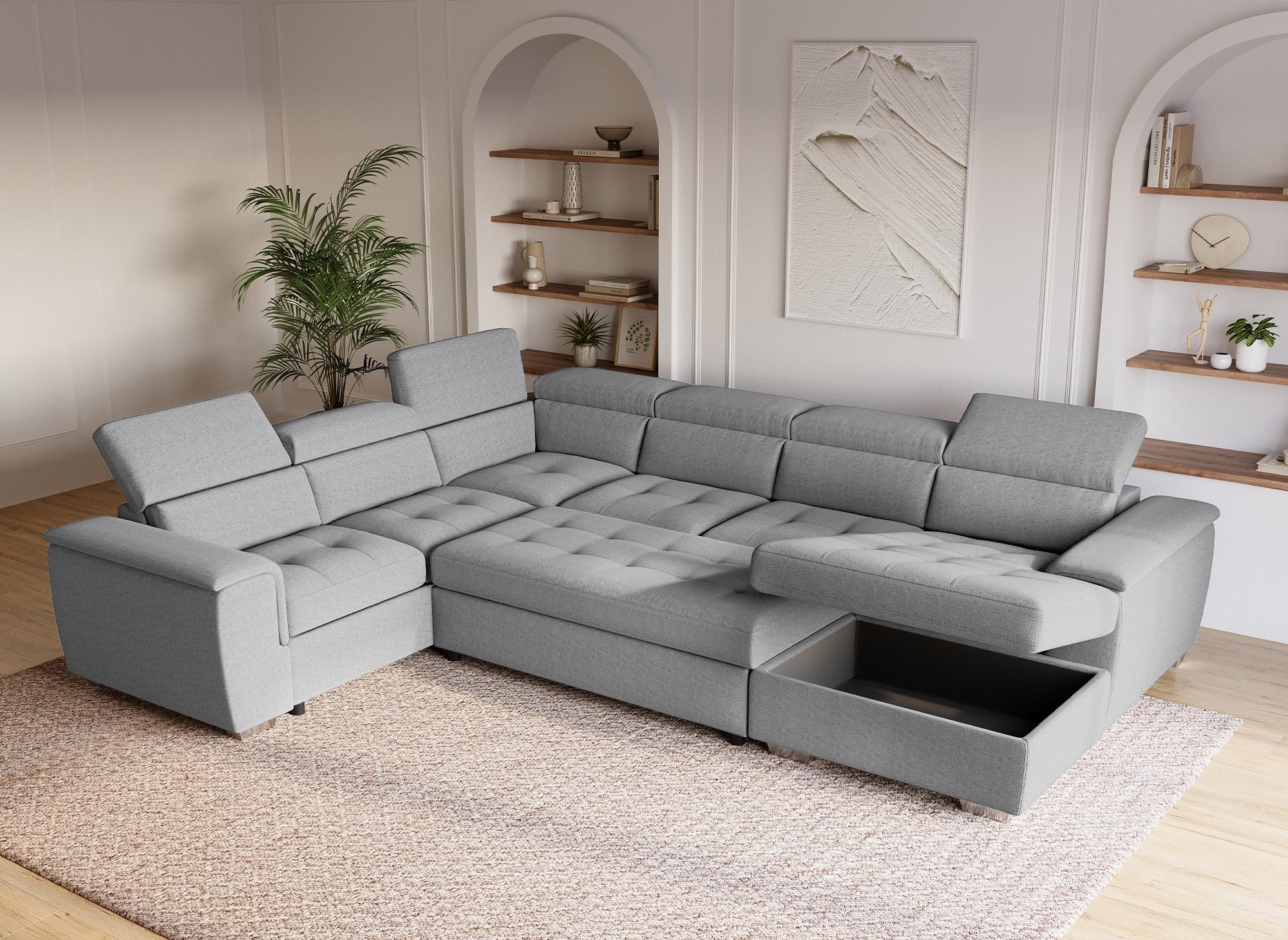 Sofá cama panorámico convertible GAELLE con compartimento de almacenamiento en tela gris - Esquina derecha