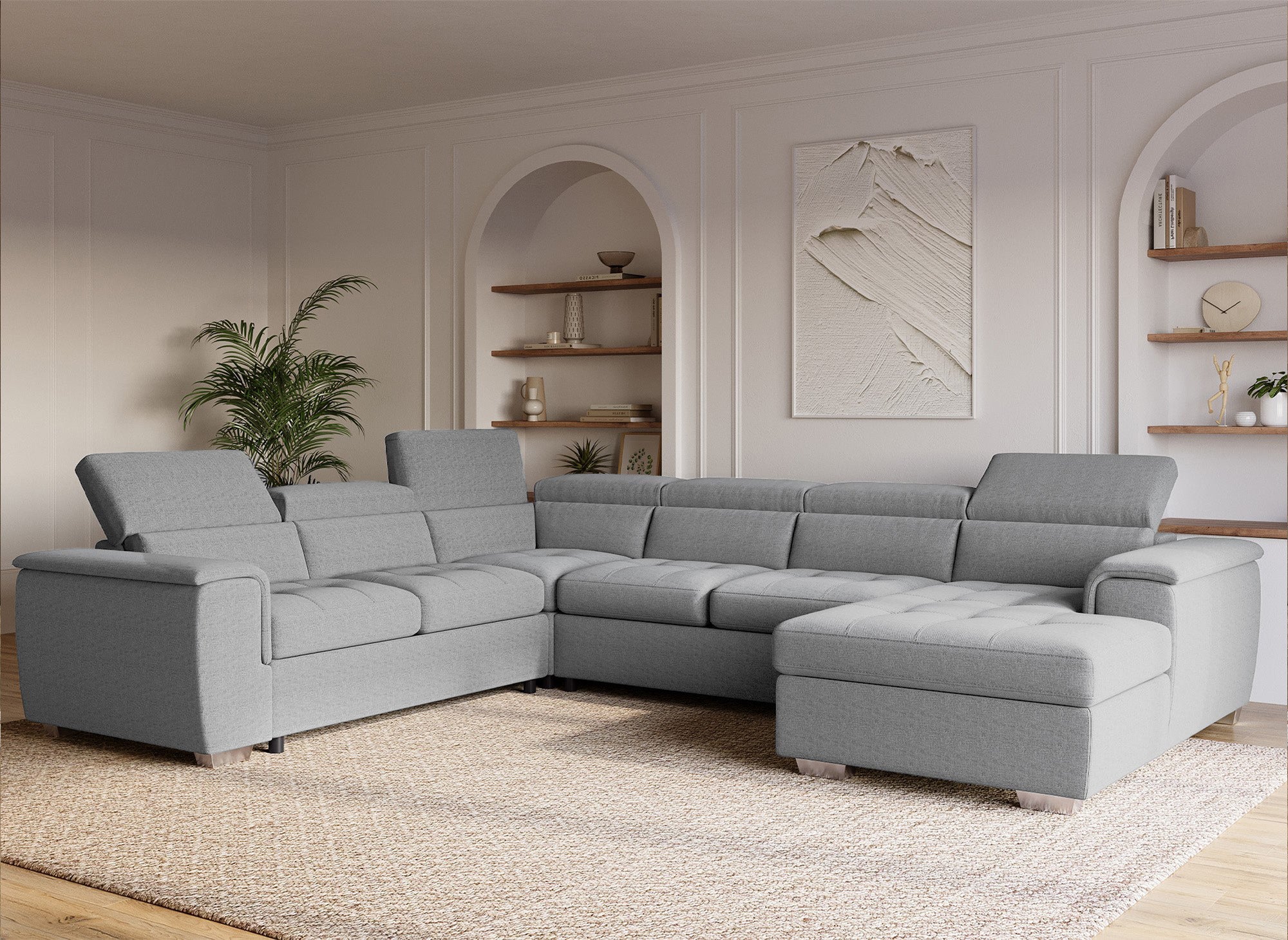 Sofá cama panorámico convertible GAELLE con compartimento de almacenamiento en tela gris - Esquina derecha