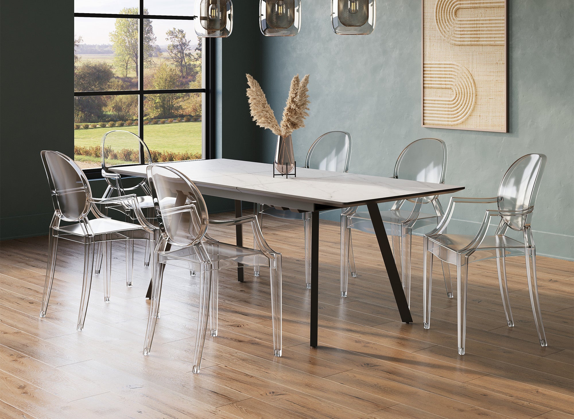 Juego de 4 sillas TOLGA de plexiglás transparente con reposabrazos