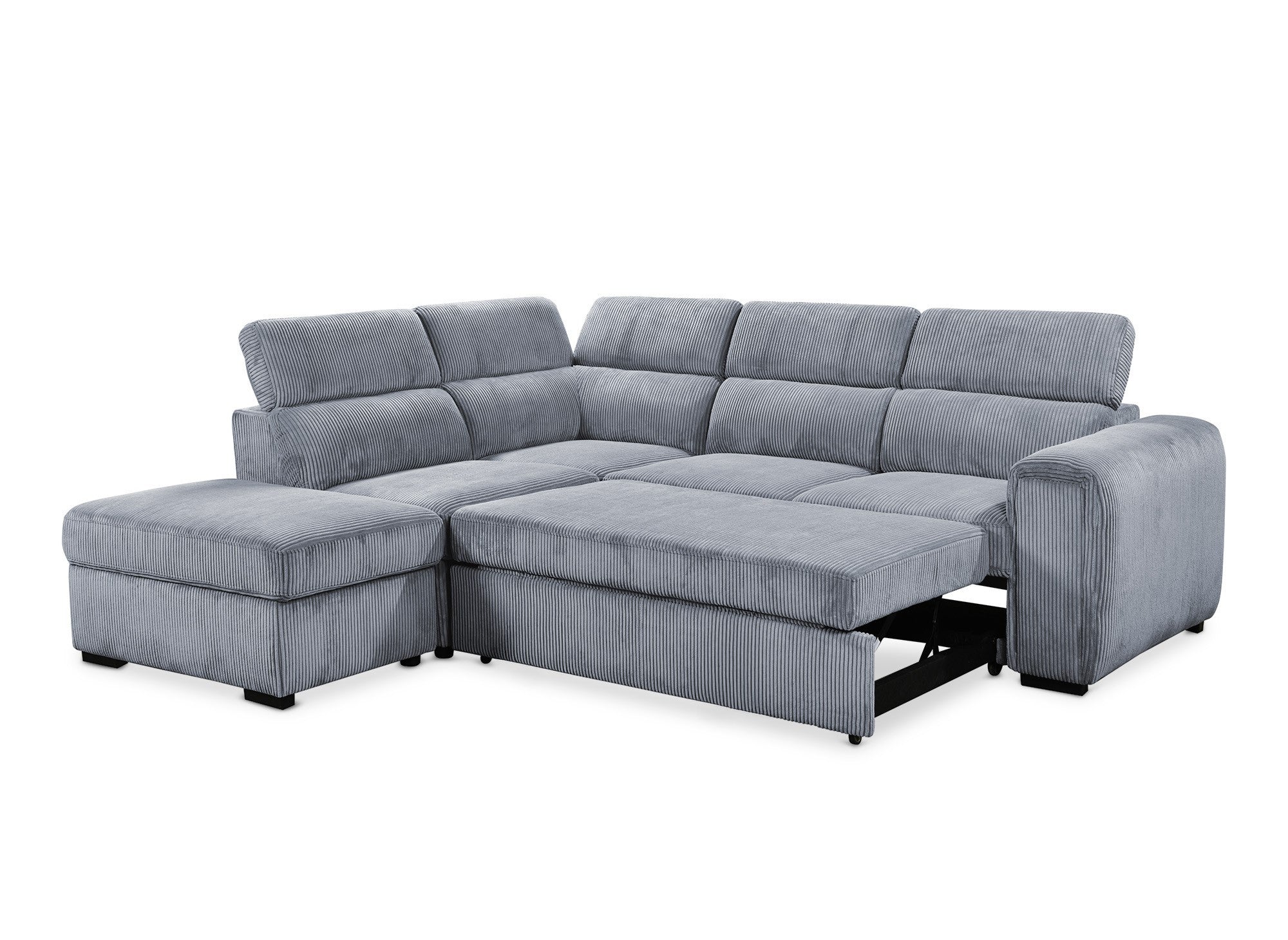 Sofá cama esquinero ZENOVA con almacenaje en pana gris gruesa - Esquina izquierda
