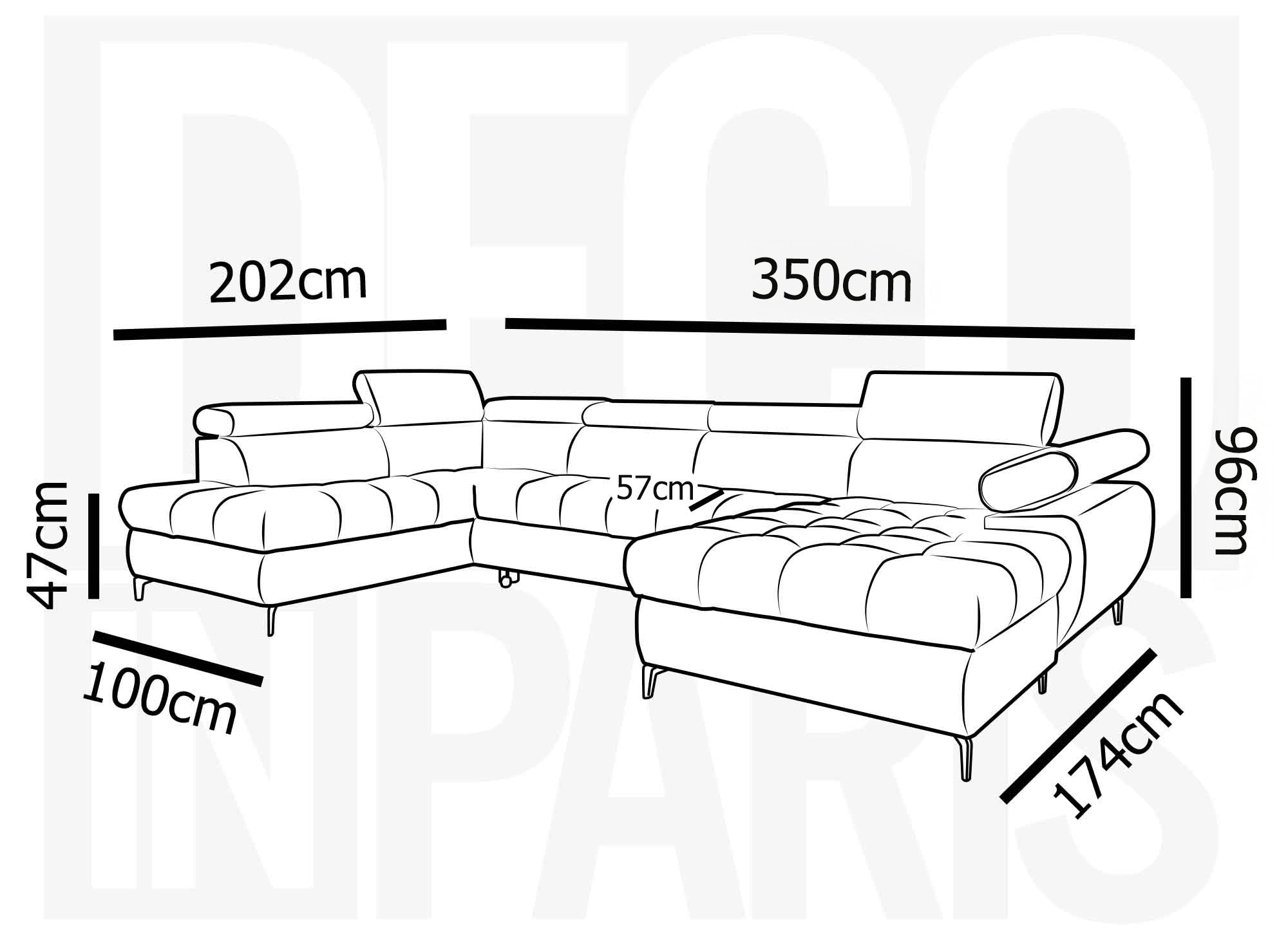 Sofá panorámico convertible LUCIANO acolchado con almacenaje en terciopelo gris - Esquina derecha