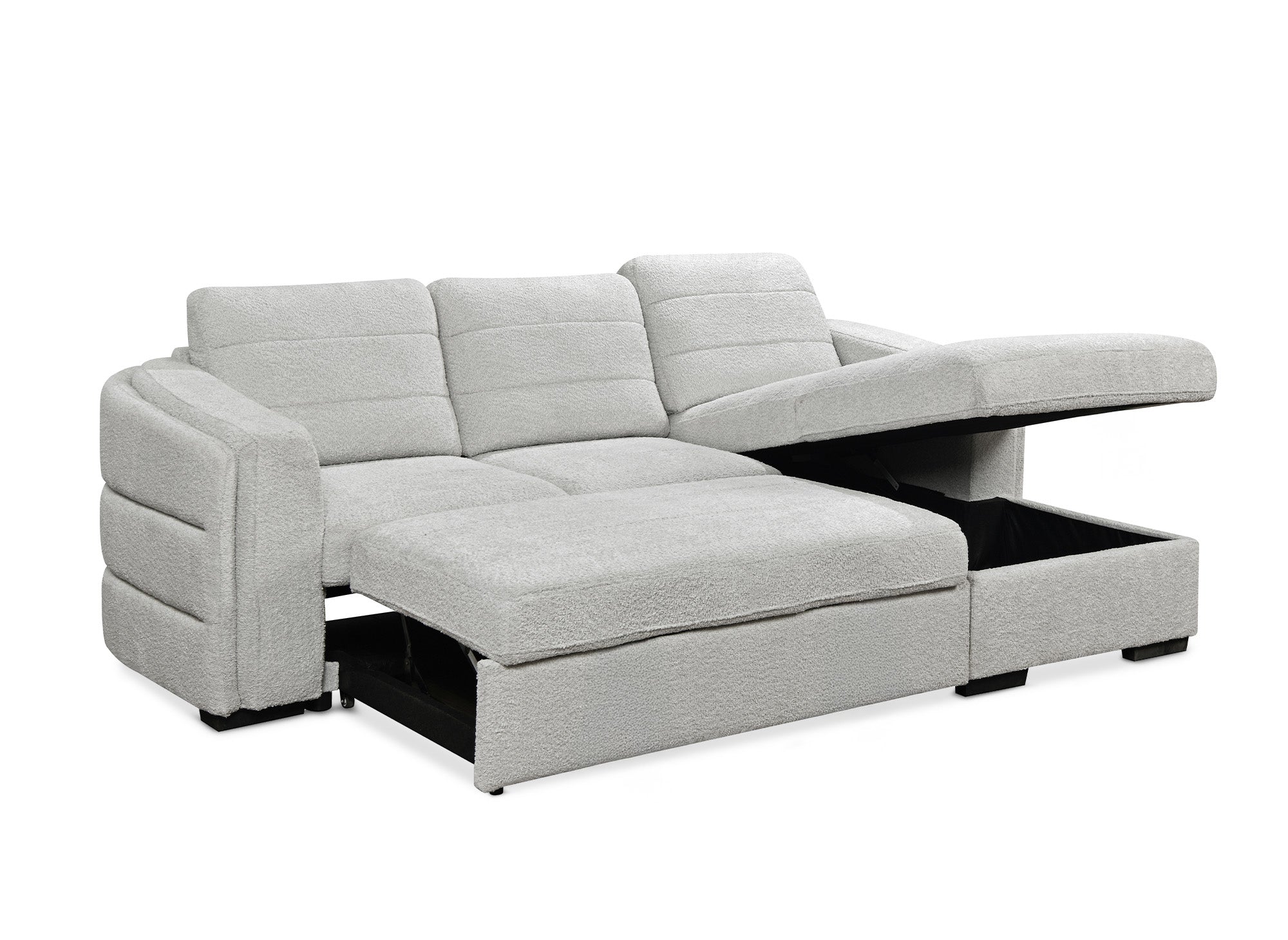 Sofá cama esquinero CALANDRA con almacenaje en tejido bouclé gris claro - Esquina derecha