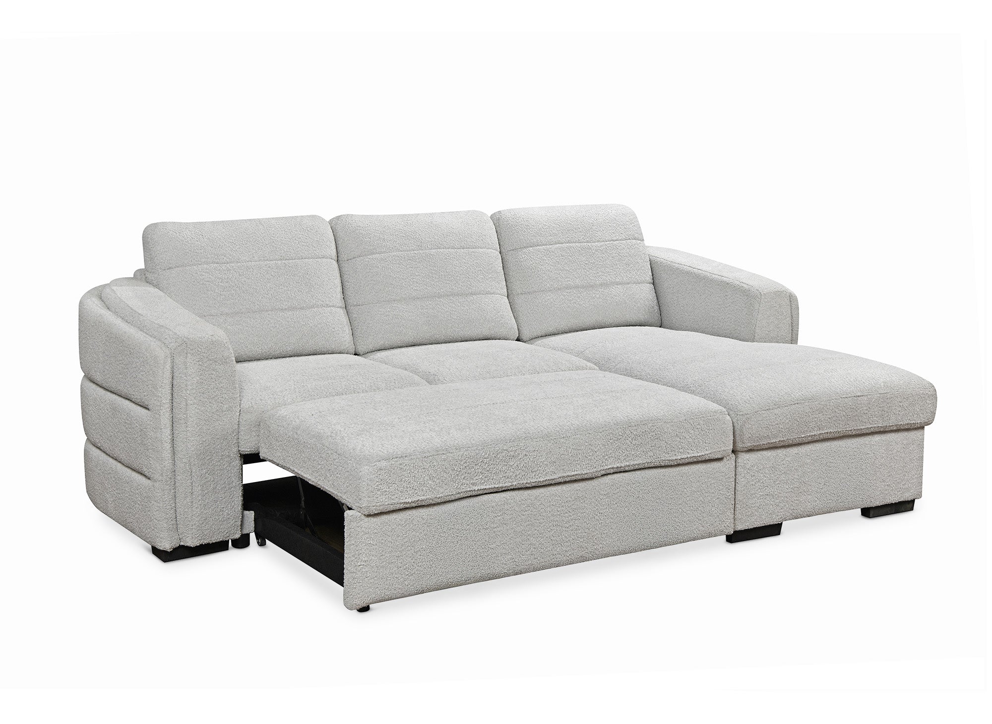 Sofá cama esquinero CALANDRA con almacenaje en tejido bouclé gris claro - Esquina derecha