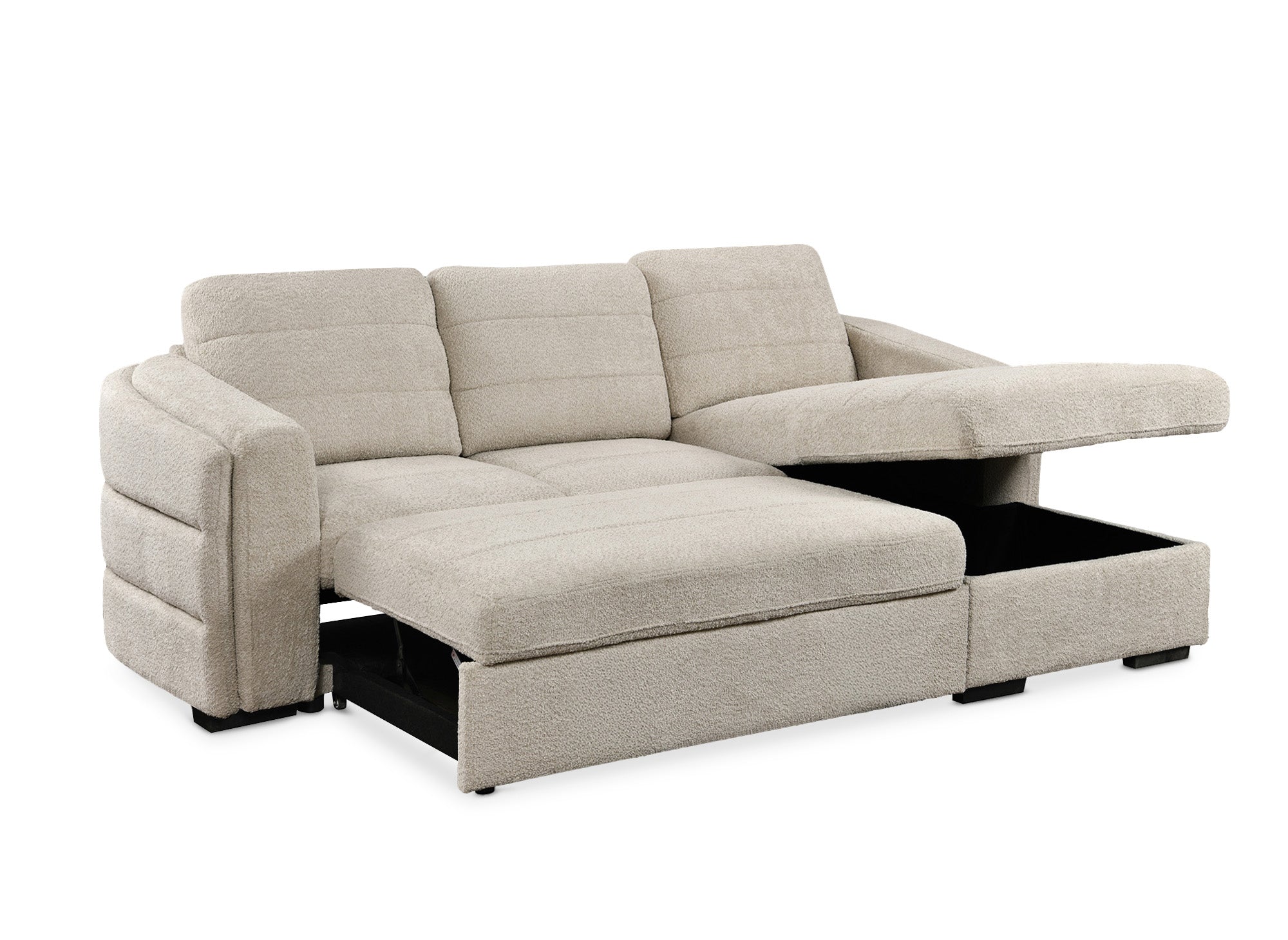 Sofá esquinero convertible CALANDRA con almacenaje en tela bouclé beige - Esquinero derecho