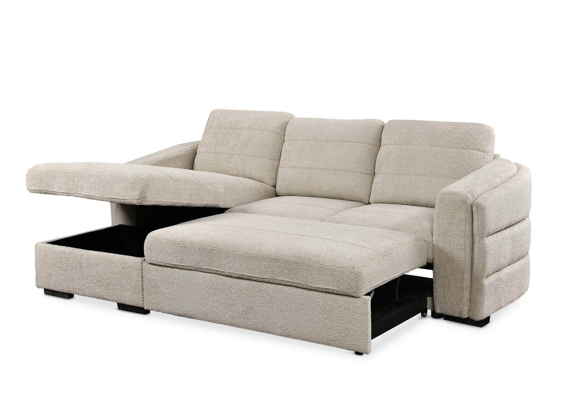 Sofá cama esquinero CALANDRA con almacenaje en tela bouclé beige - Esquina izquierda