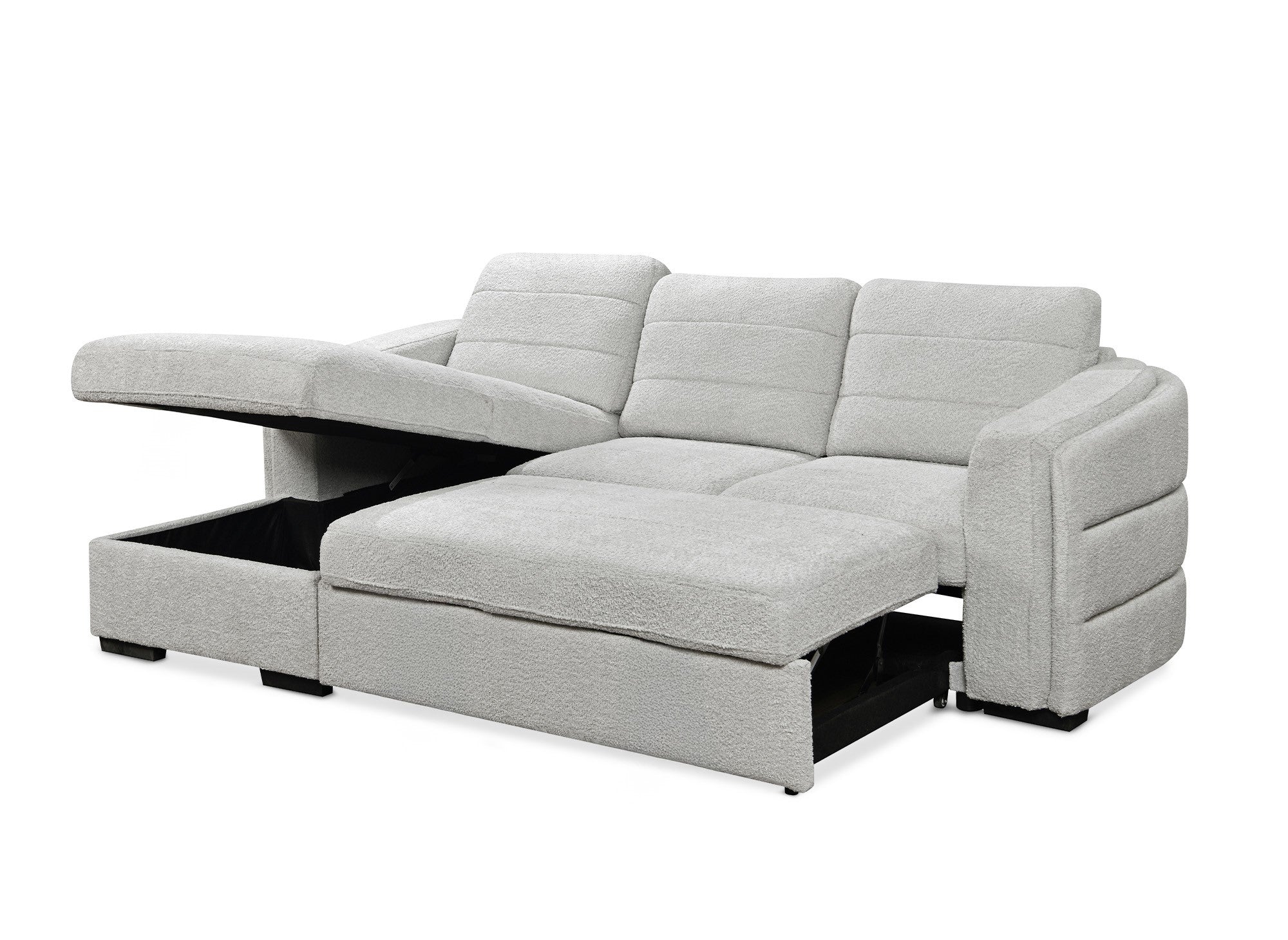 Sofá cama esquinero CALANDRA con almacenaje en tejido bouclé gris claro - Esquina izquierda