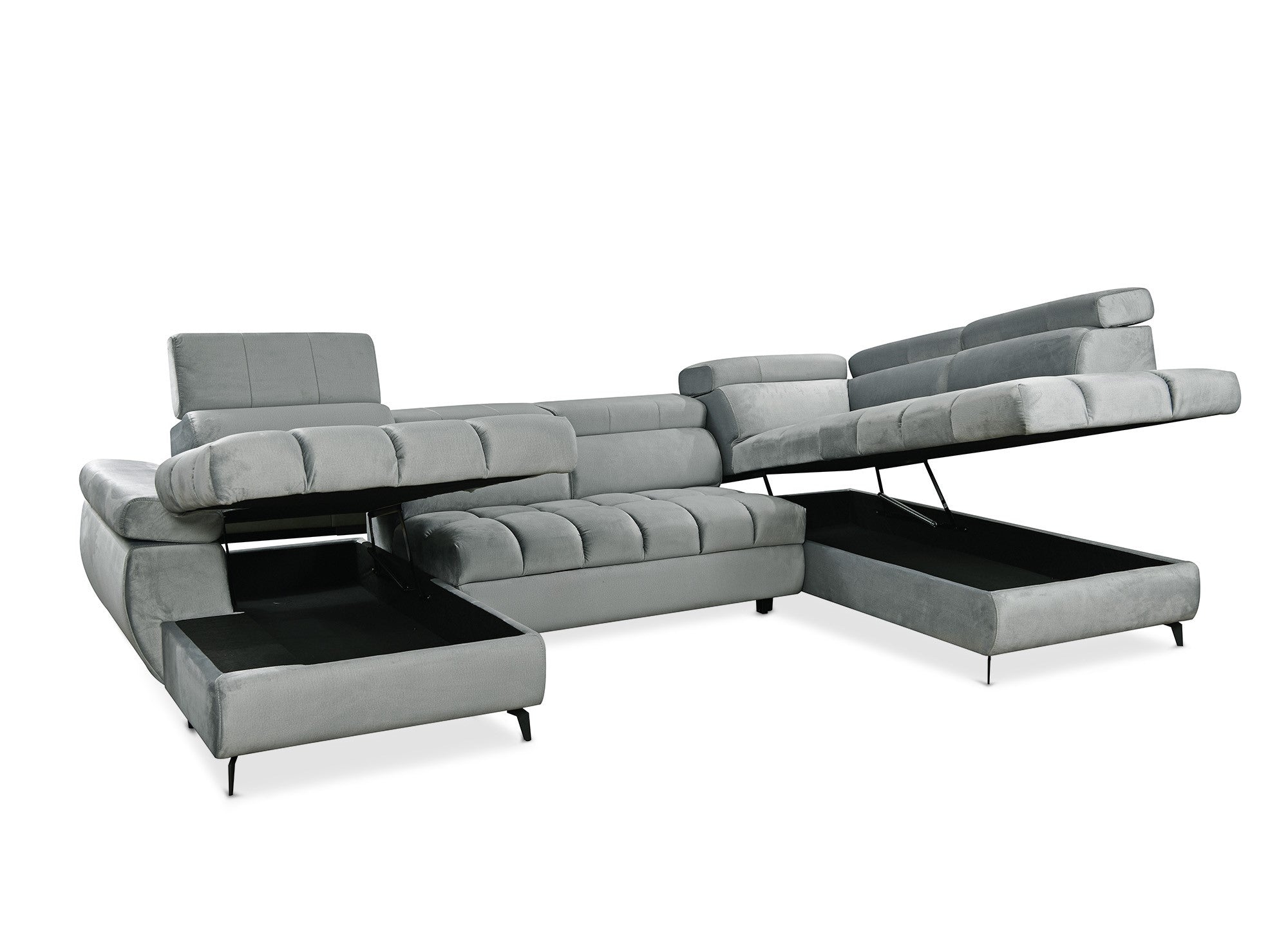 Sofá panorámico convertible LUCIANO acolchado con almacenaje en terciopelo gris - Esquina izquierda