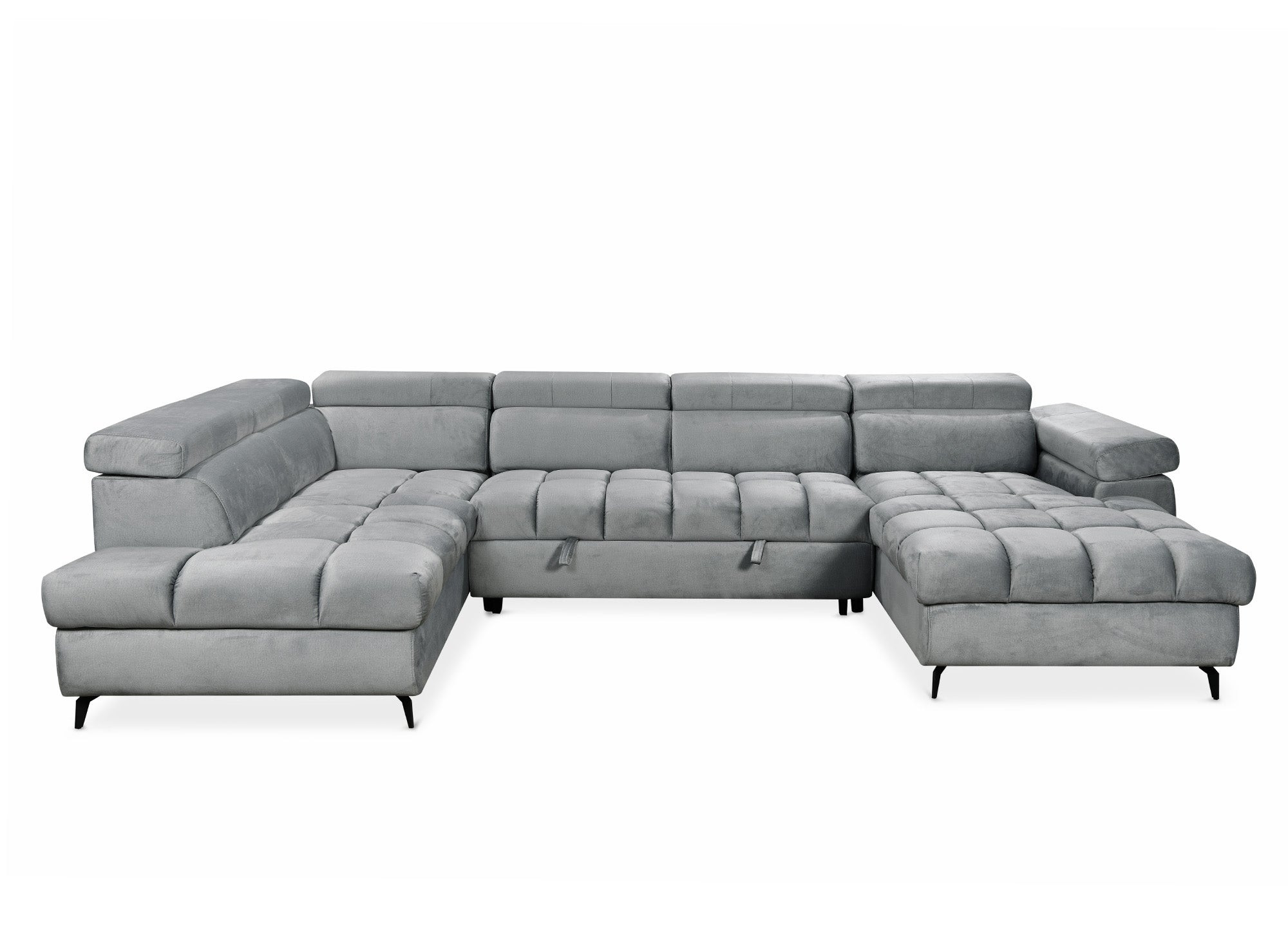 Sofá panorámico convertible LUCIANO acolchado con almacenaje en terciopelo gris - Esquina derecha