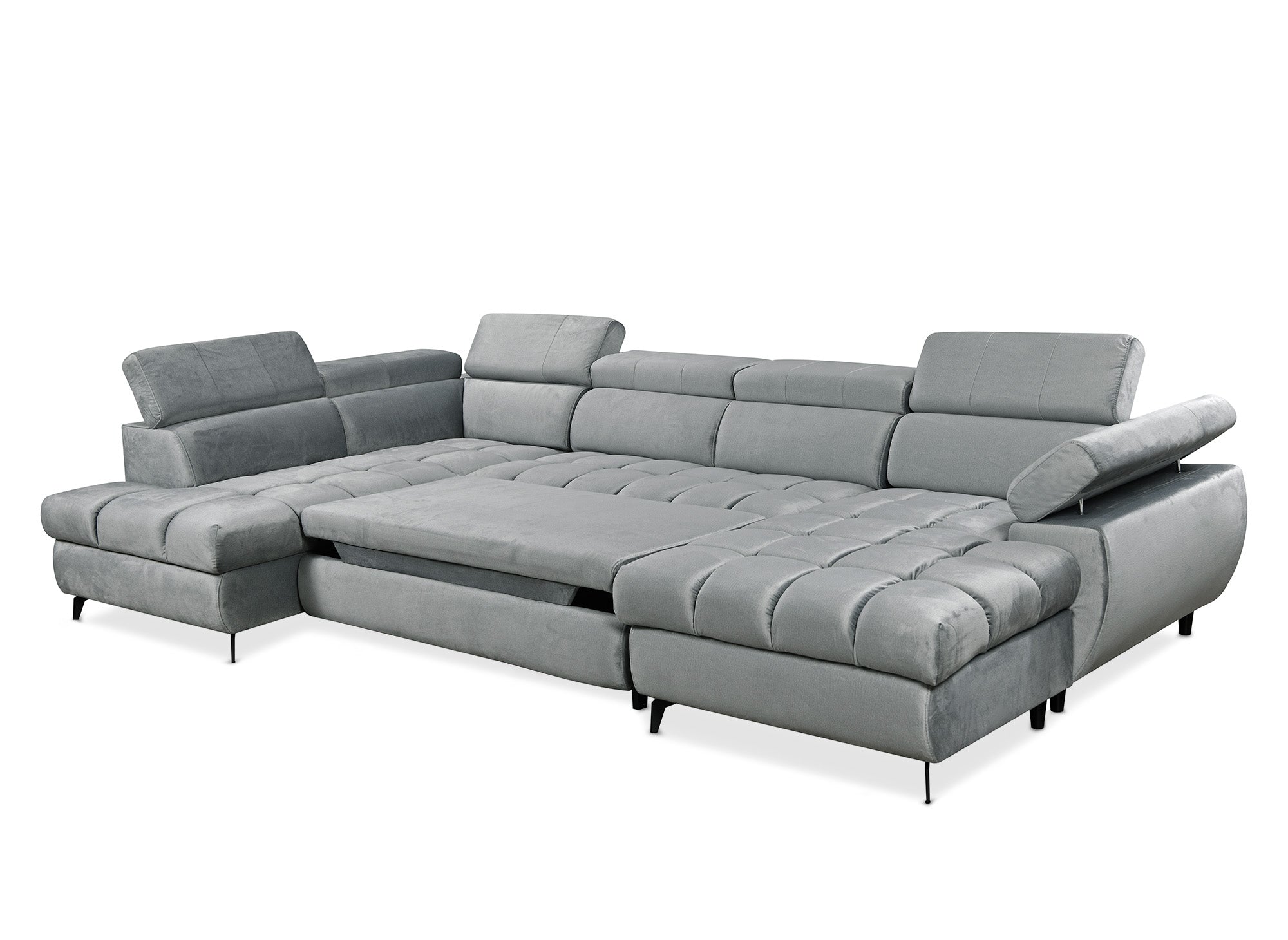 Sofá panorámico convertible LUCIANO acolchado con almacenaje en terciopelo gris - Esquina derecha