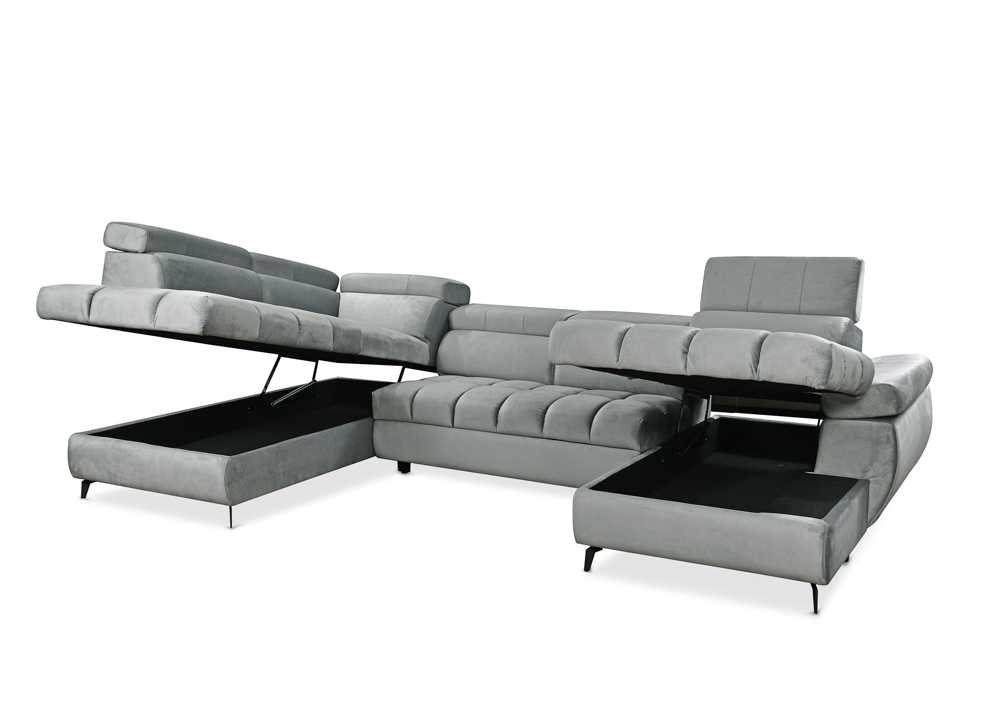 Sofá panorámico convertible LUCIANO acolchado con almacenaje en terciopelo gris - Esquina derecha
