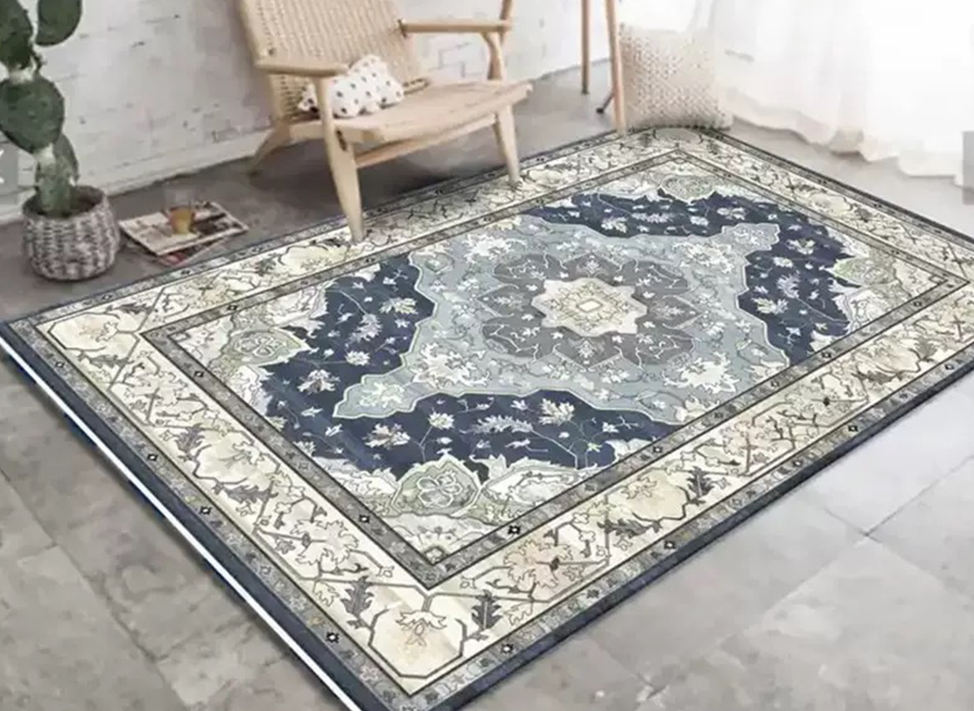 Alfombra rectangular de estilo oriental, azul y blanca, 160x230 cm, JASMINE