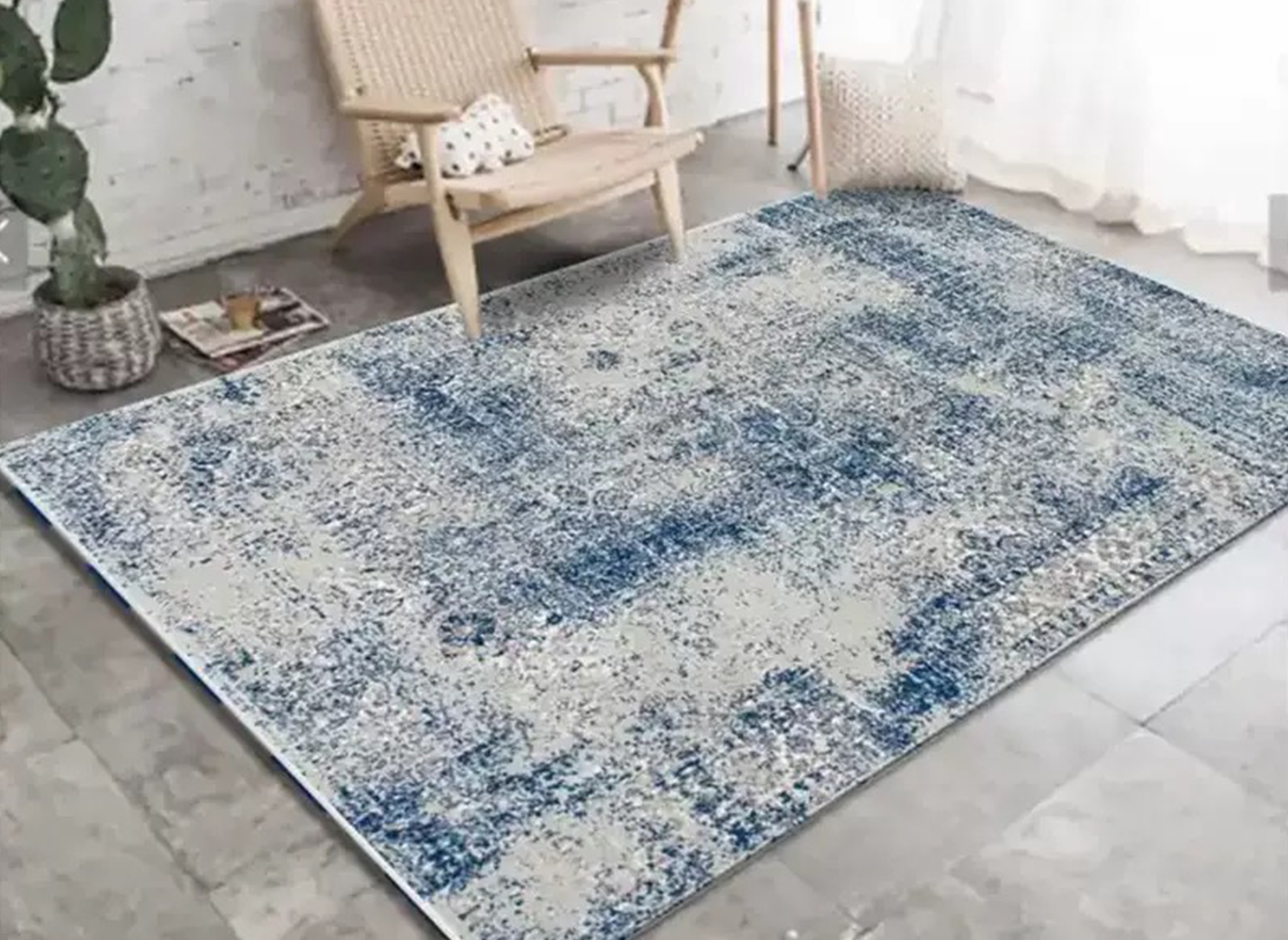 Alfombra rectangular KALIMA, estilo vintage, azul y blanca, 160x230 cm