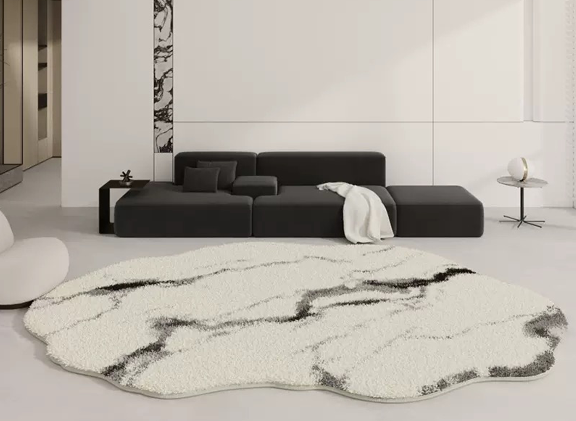 Alfombra de forma orgánica con estampado de mármol blanco y negro en tejido efecto cachemir, 160x230 cm, ZAEL