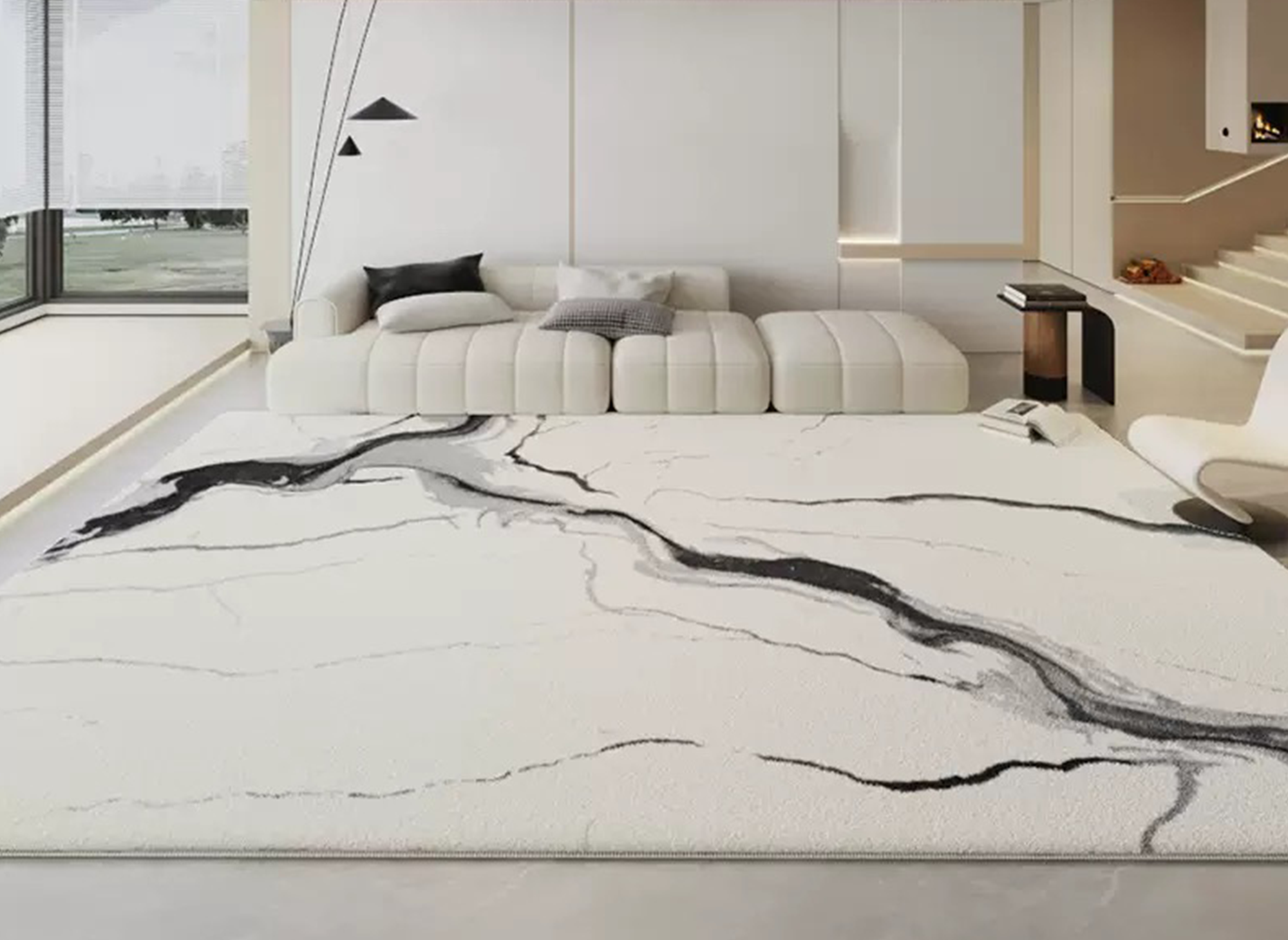Alfombra rectangular con estampado de mármol blanco y negro en tejido efecto cachemir, 160x230 cm, ZAEL