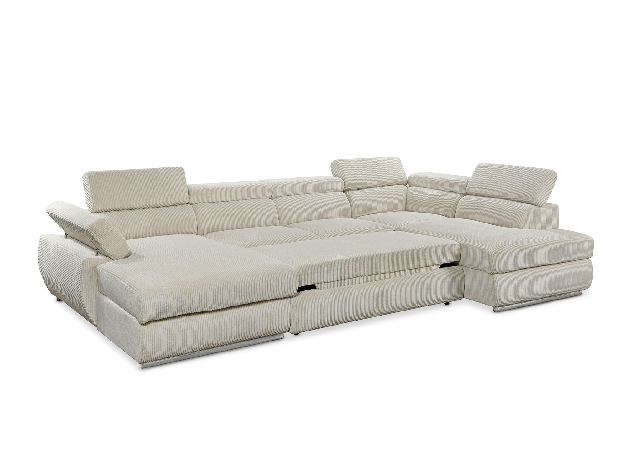 Sofá cama panorámico convertible MARIANO con almacenaje en pana gruesa color beige - Esquina izquierda