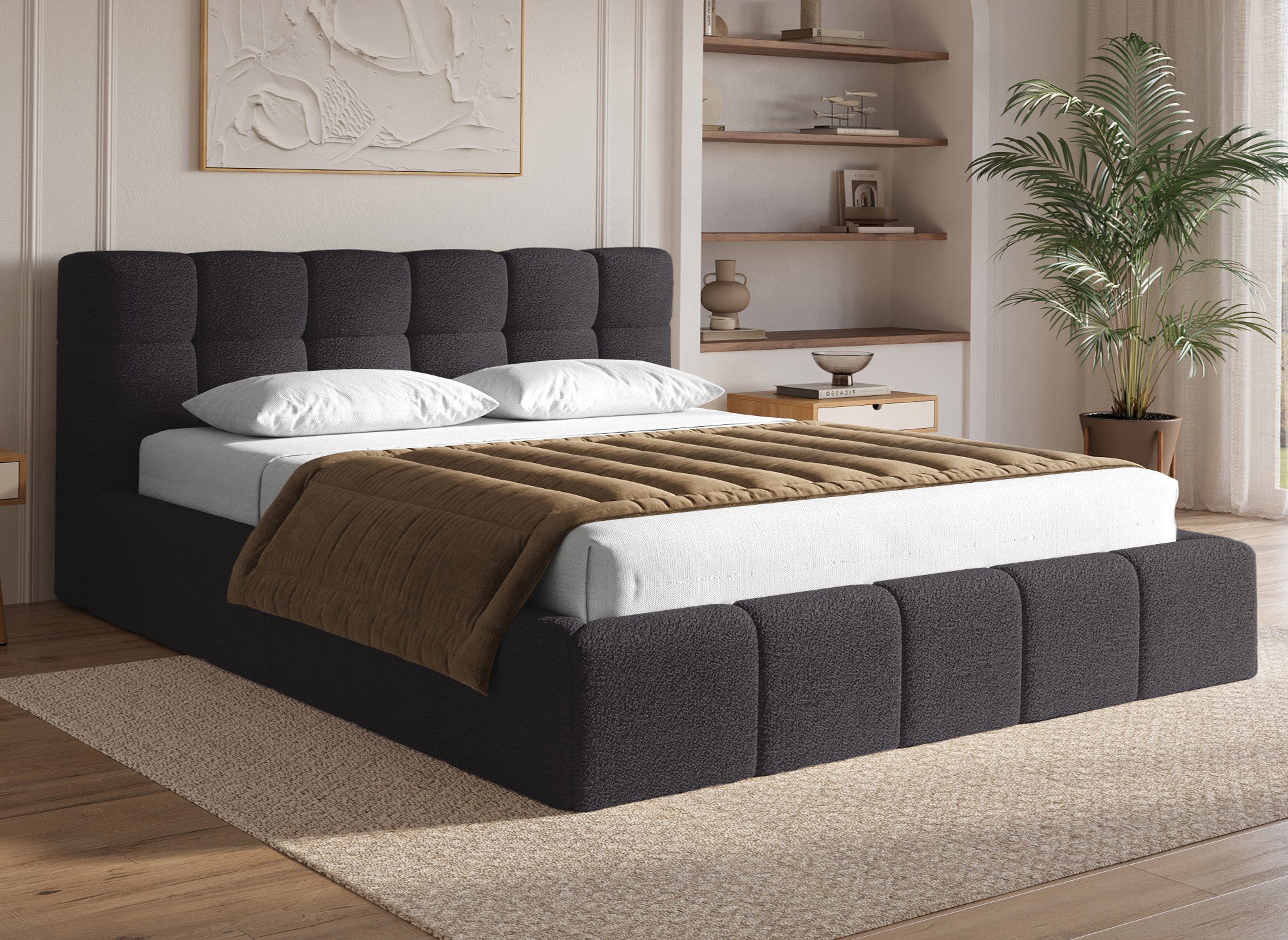 Cama contenedor de tela bouclé gris MILIE 180x200 cm