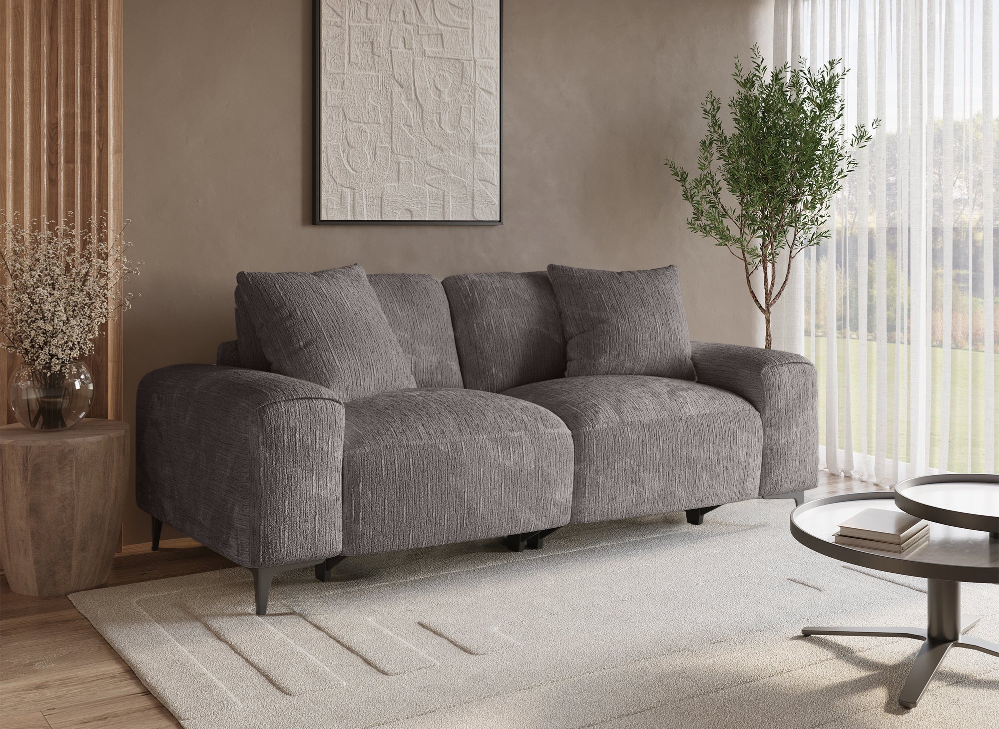 Sofá reclinable eléctrico de 3 plazas HELOISE en terciopelo jaspeado gris oscuro