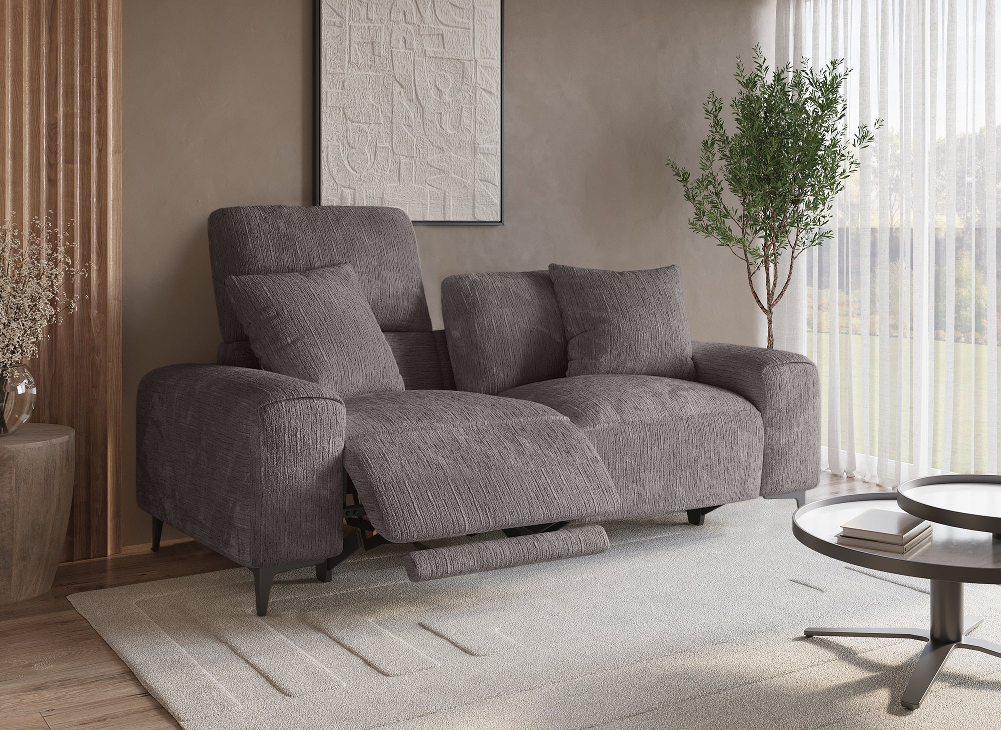 Sofá reclinable eléctrico de 3 plazas HELOISE en terciopelo jaspeado gris oscuro