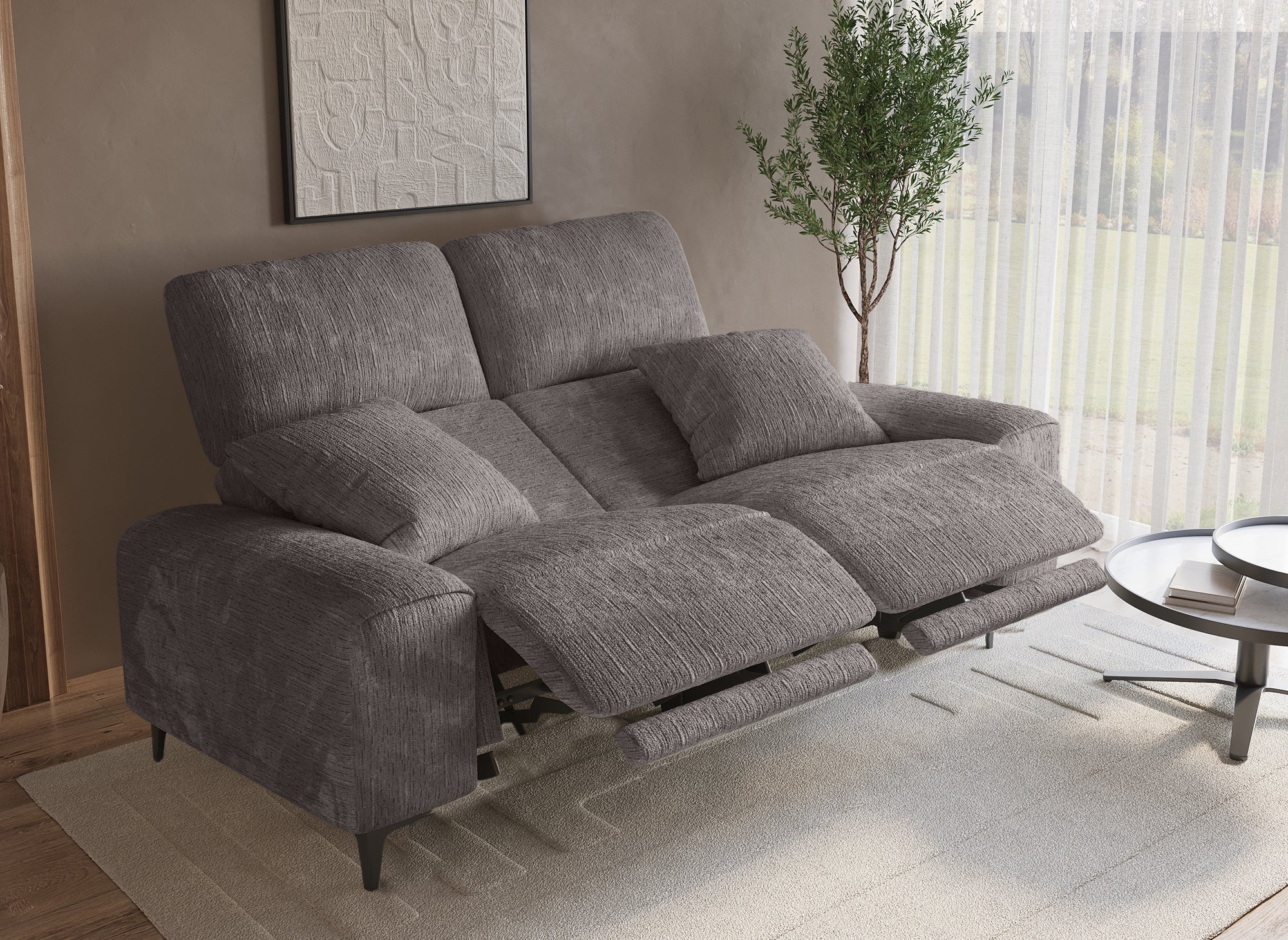 Sofá reclinable eléctrico de 3 plazas HELOISE en terciopelo jaspeado gris oscuro