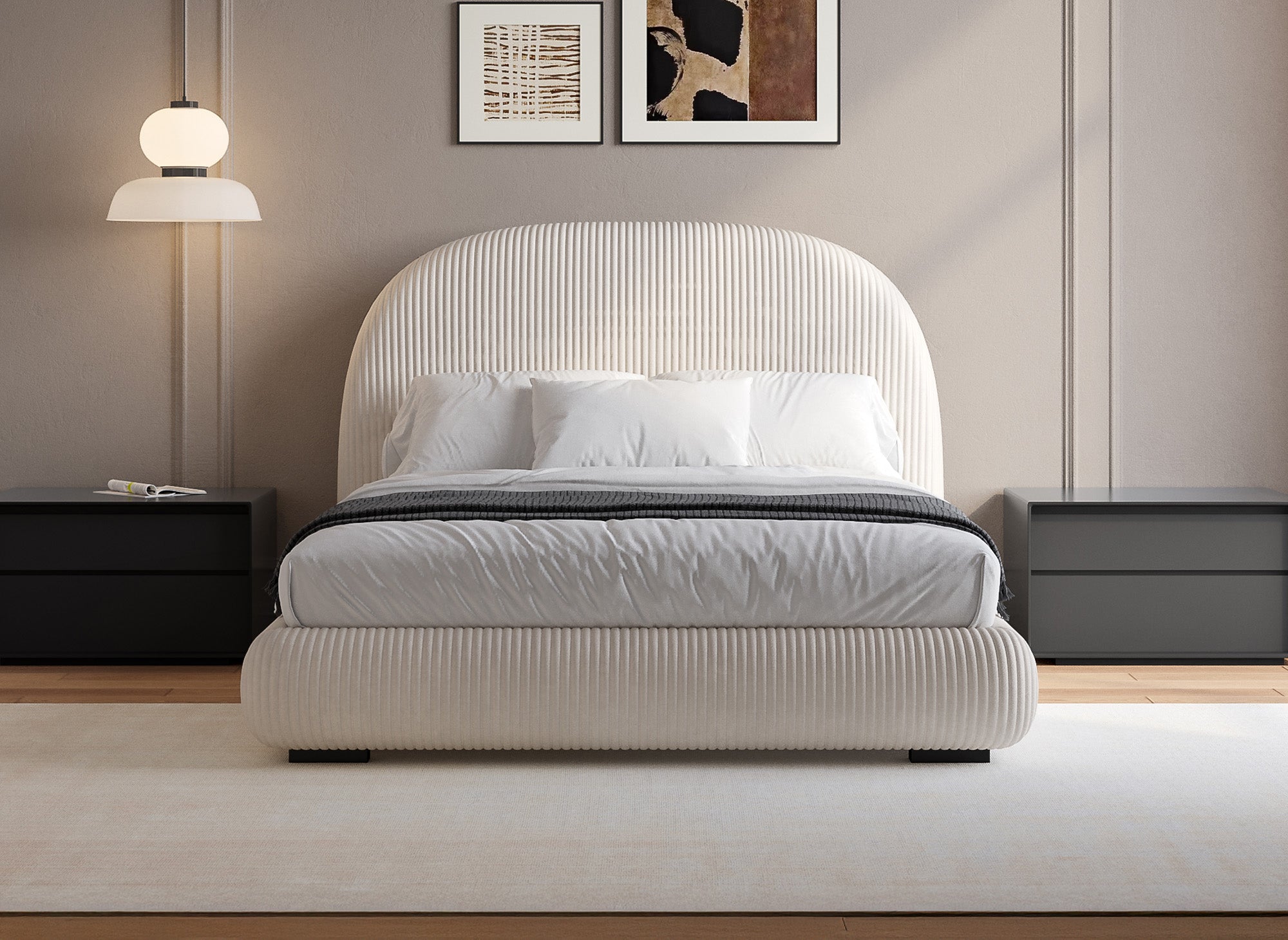 Cómoda cama doble de pana gruesa color beige de 160x200 cm