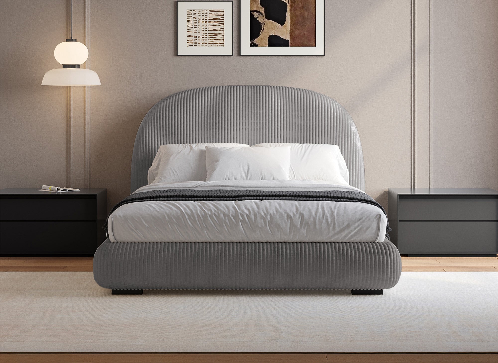 Cómoda cama doble de pana gris gruesa de 160x200 cm