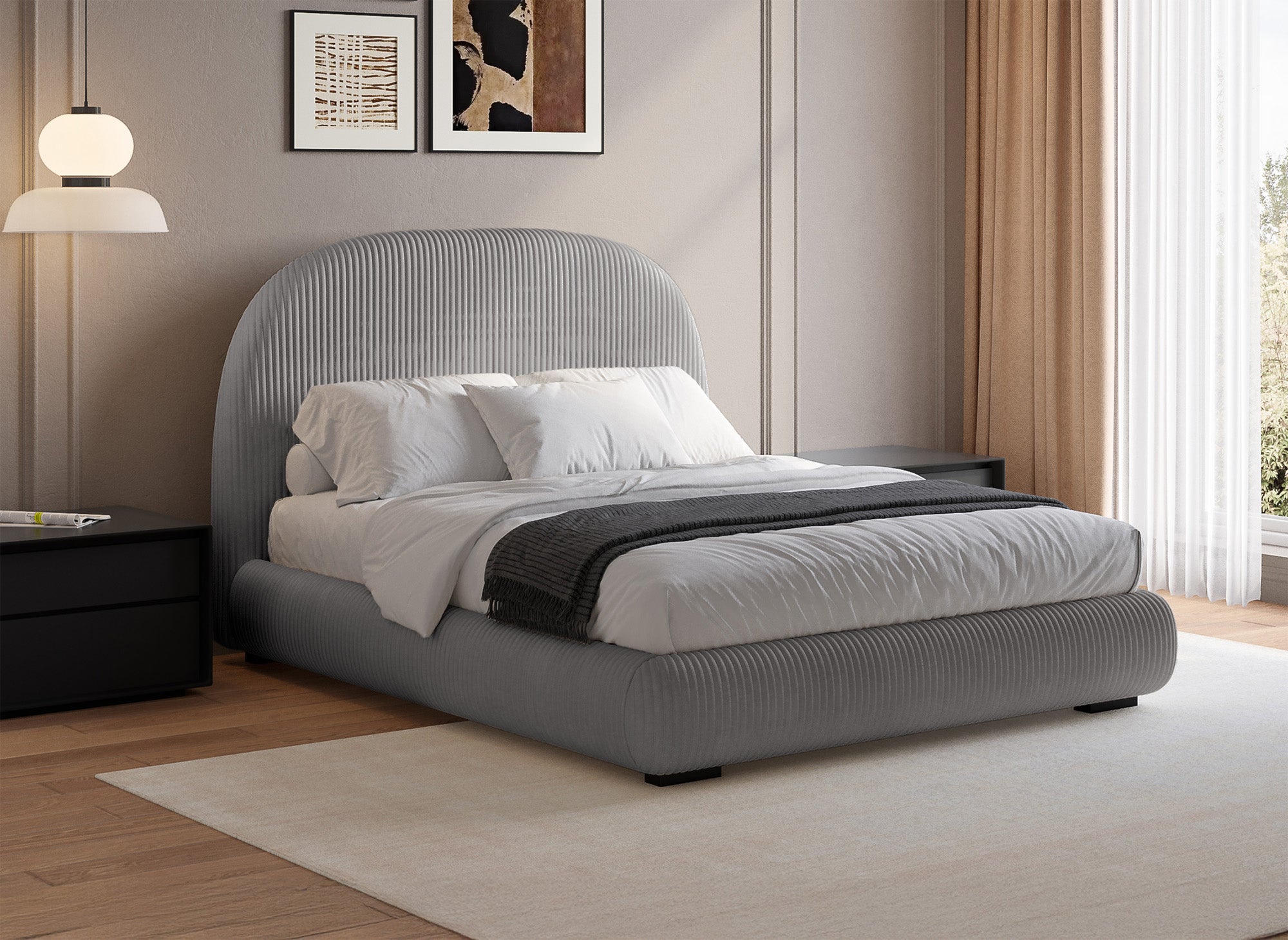 Cómoda cama doble de pana gris gruesa de 160x200 cm