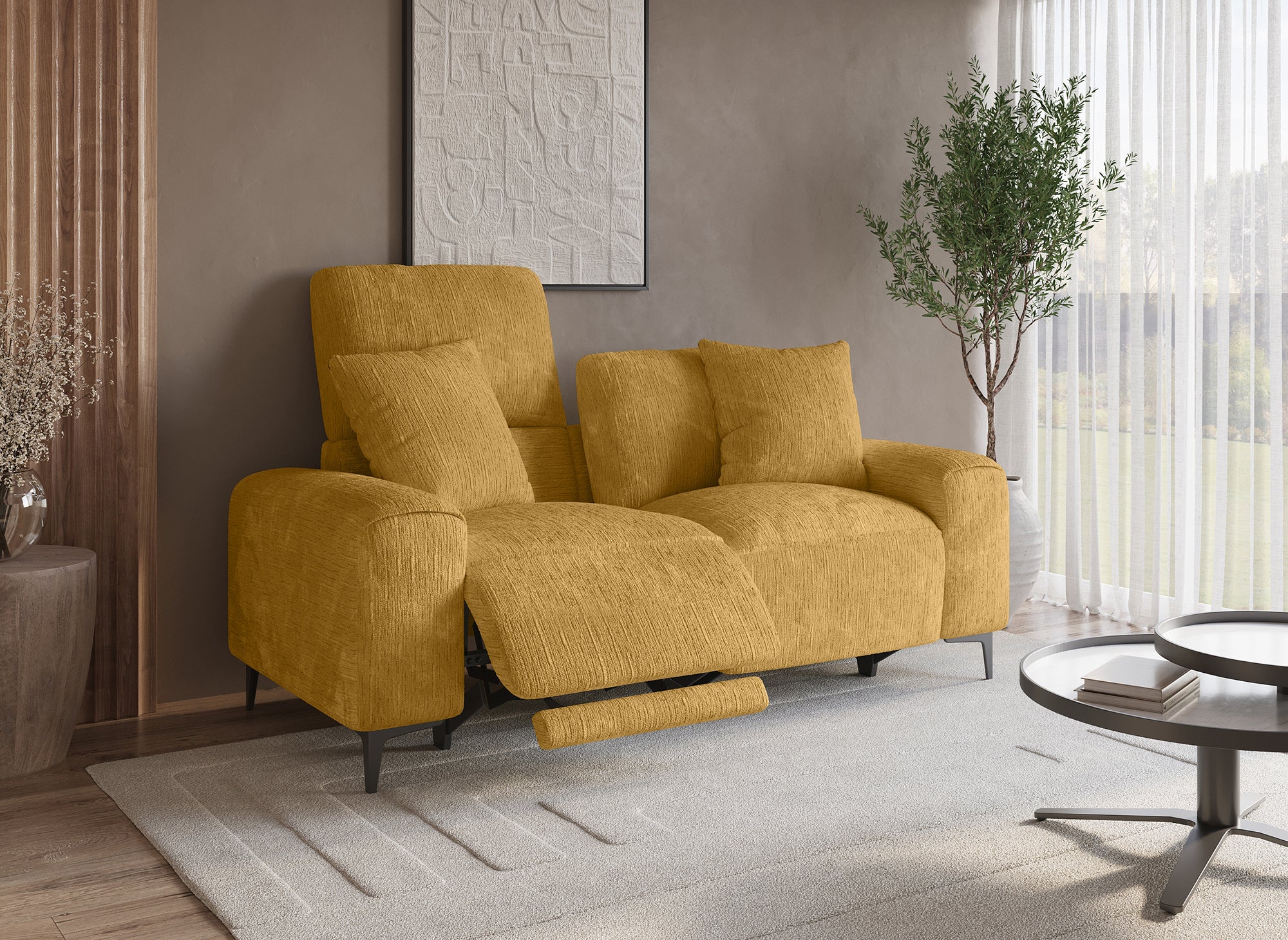 Sofá reclinable eléctrico de 2 plazas HELOISE en terciopelo jaspeado amarillo mostaza