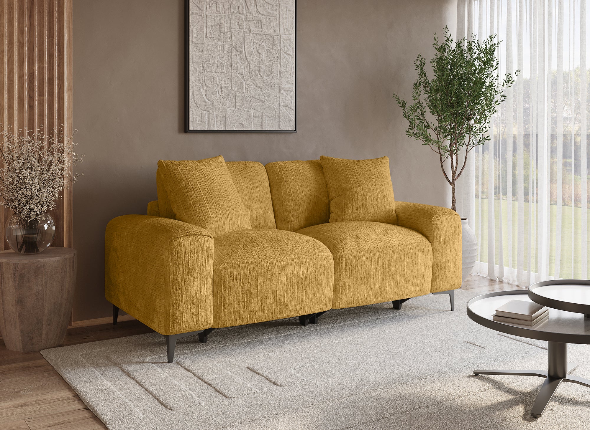 Sofá reclinable eléctrico de 2 plazas HELOISE en terciopelo jaspeado amarillo mostaza