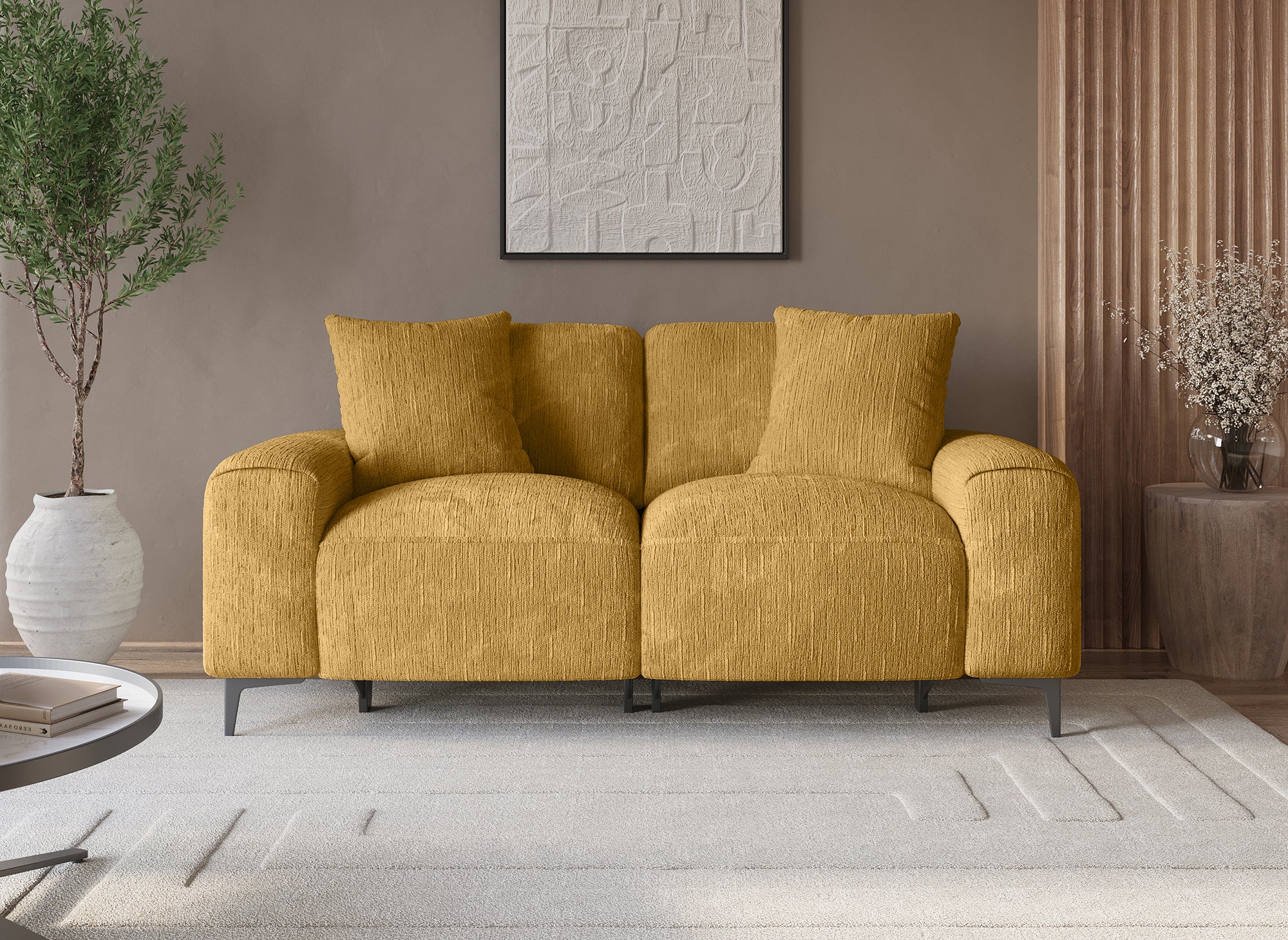 Sofá reclinable eléctrico de 2 plazas HELOISE en terciopelo jaspeado amarillo mostaza