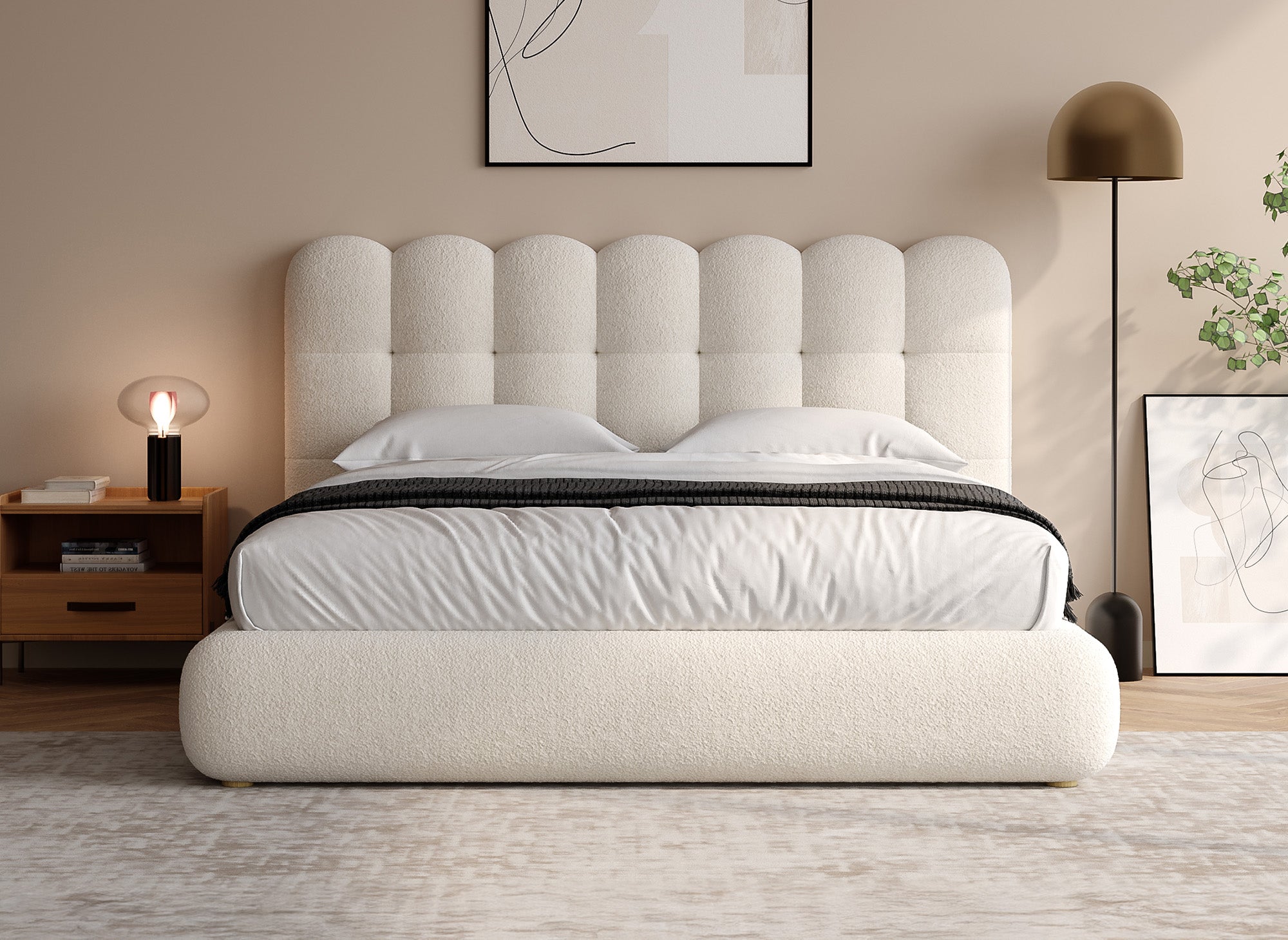 Cama doble de tejido bouclé beige 140x190cm BISCUIT