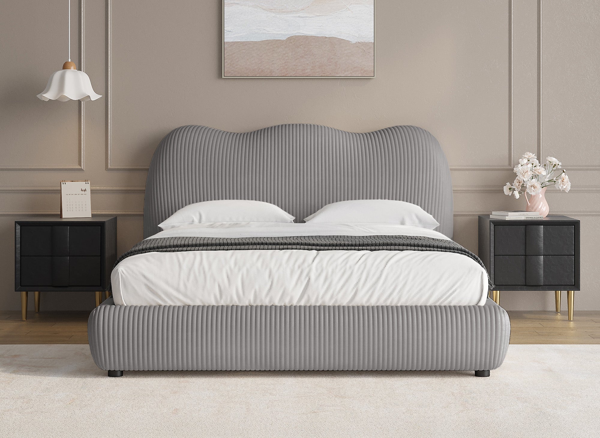 Cama doble SARA en pana gris gruesa de 180x200 cm