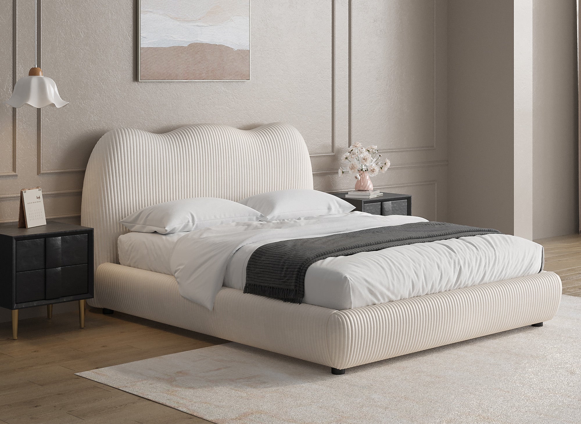 Cama doble SARA en pana gruesa color beige, 160 x 200 cm